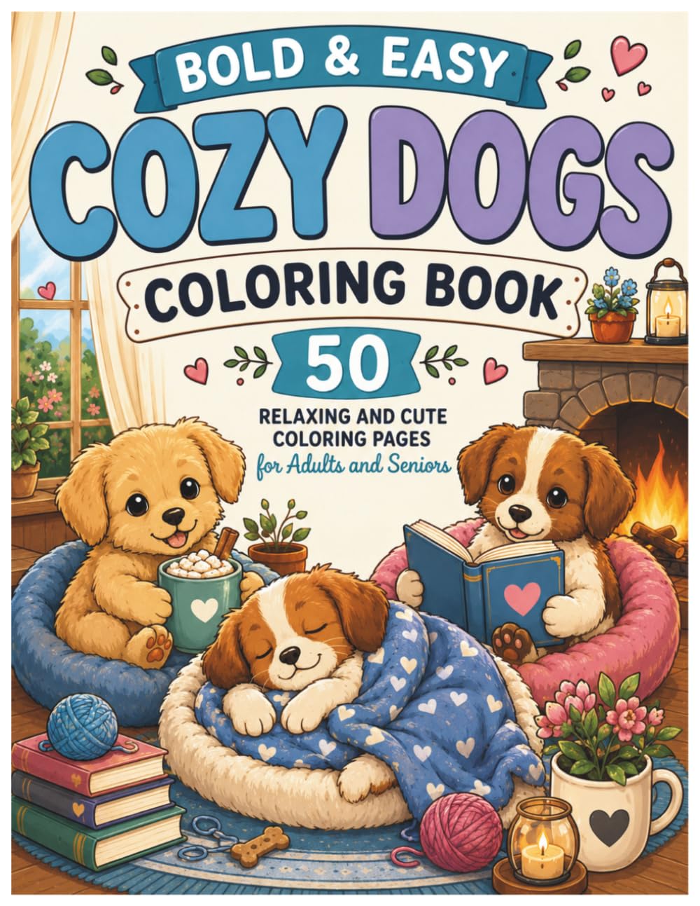Bold & Easy Cozy Dogs Coloring Book: 50 Relaxing and Cute Coloring Pages for Adults and Seniors
