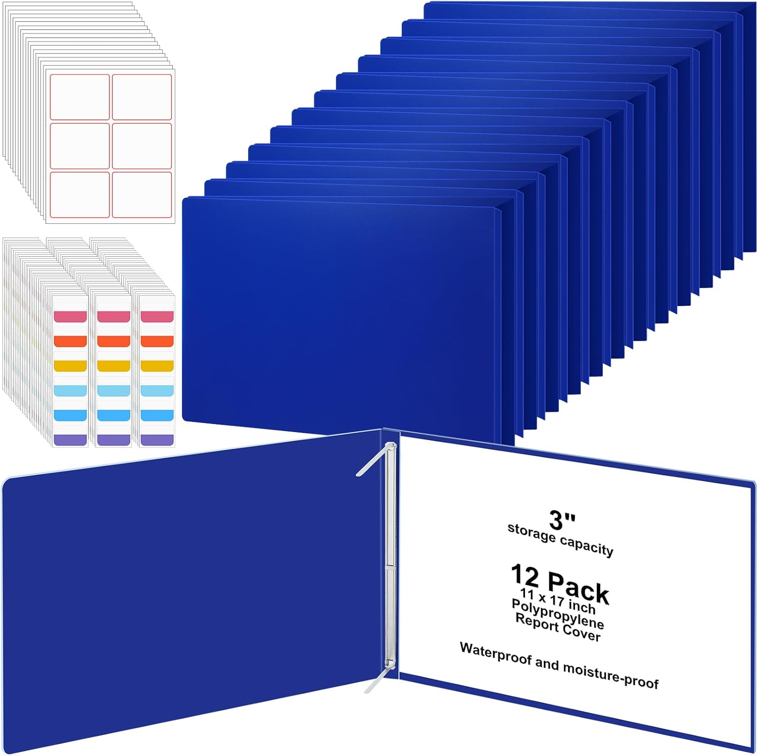 12 Set 11x17 Inch Presentation Binder Folder Polypropylene 3" Capacity Pressboard Report Cover with Index Tabs Metal Fasteners Stickers for Bind Reports Presentation Proposals Documents(Blue)