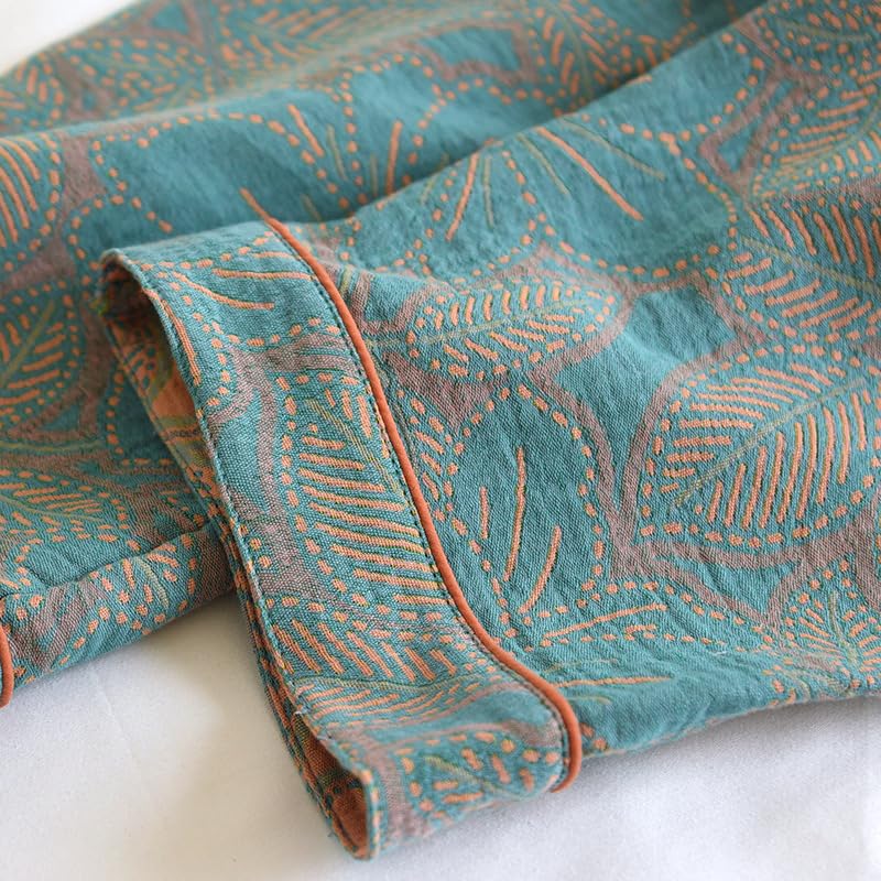 Image of Cotton Double Gauze Traditional Hanfu Midi-length Nightdress Printing Tie-belt Bathrobe Loose Pajamas Comfortable Nightgown Sweat Steaming Yukata Sauna Suit Kimono for Women Large(Green Leaf)
