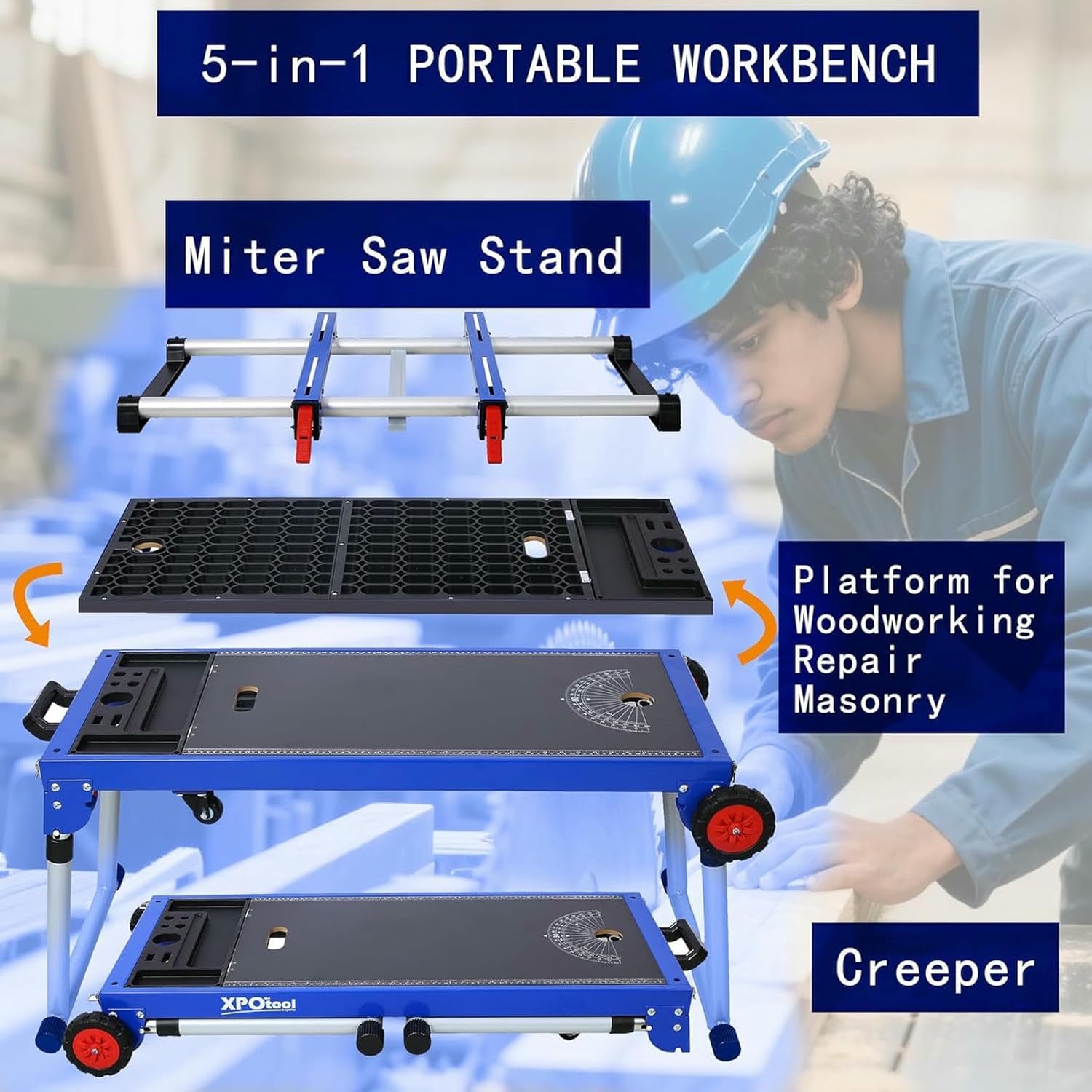 Soporte para sierra ingletadora, banco de trabajo plegable, estación de reparación portátil con andamio desmontable, plataforma rodante, bandeja de herramientas, altura ajustable