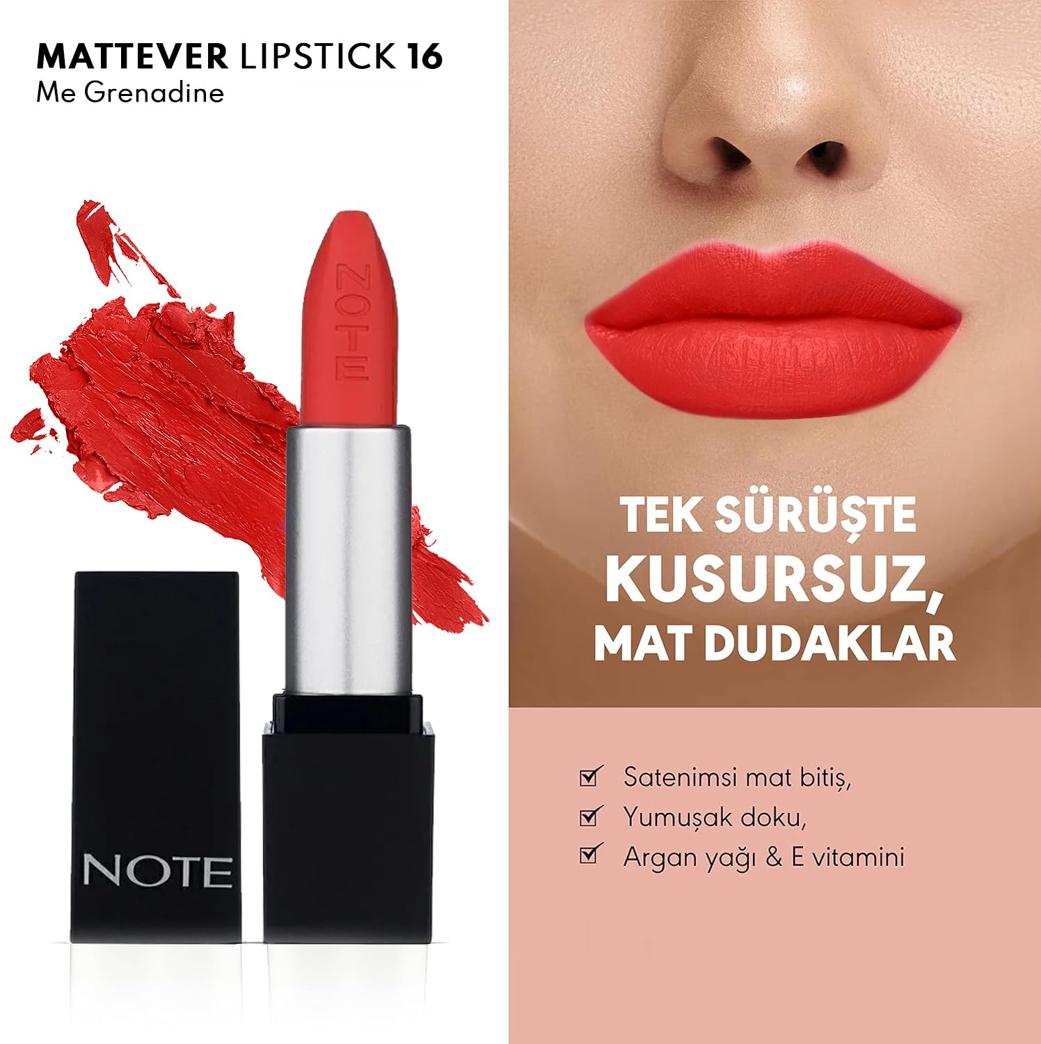 Note Cosmetics Mattever Lipstick 16 Me Grenadine Yarı Mat Saten Bitişli Ruj, Nar Çiçeği