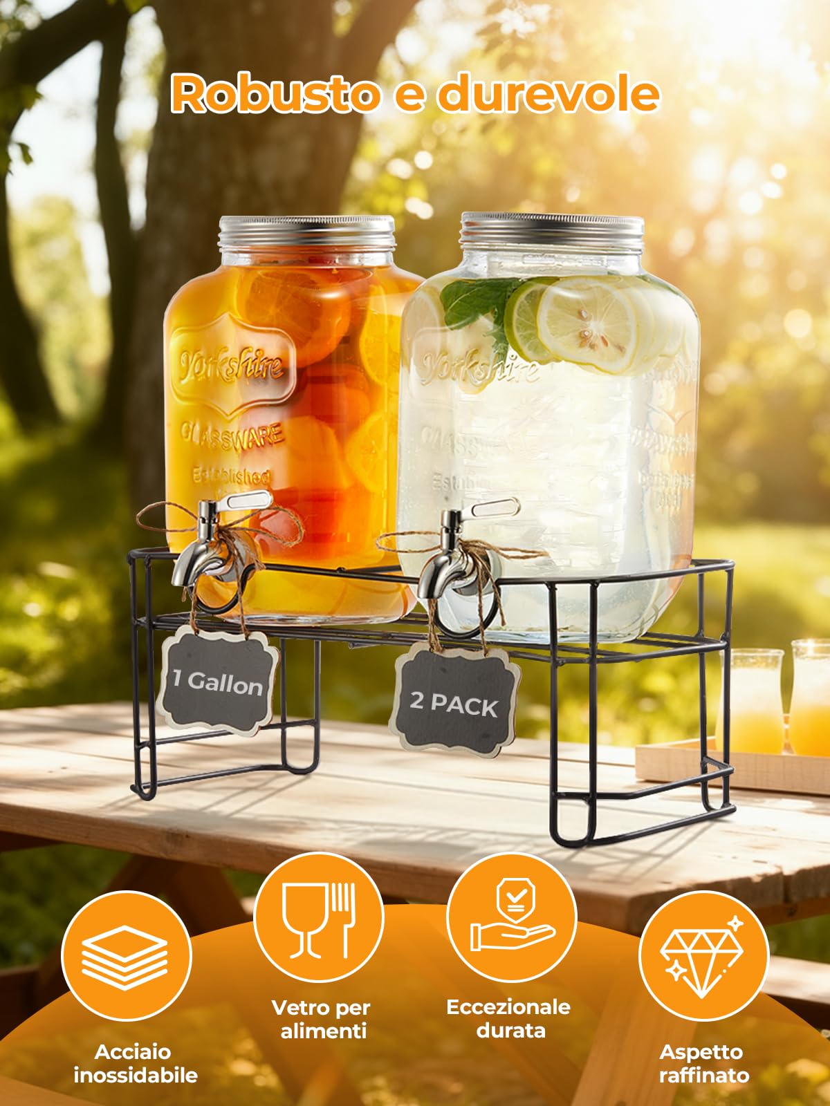 Distributore 2 in 1 da 4L in vetro, con supporto e rubinetto in acciaio inox. Perfetto come dispenser acqua o dispenser bevande per succhi, cocktail e limonata. Ideale per feste, picnic e barbecue.
