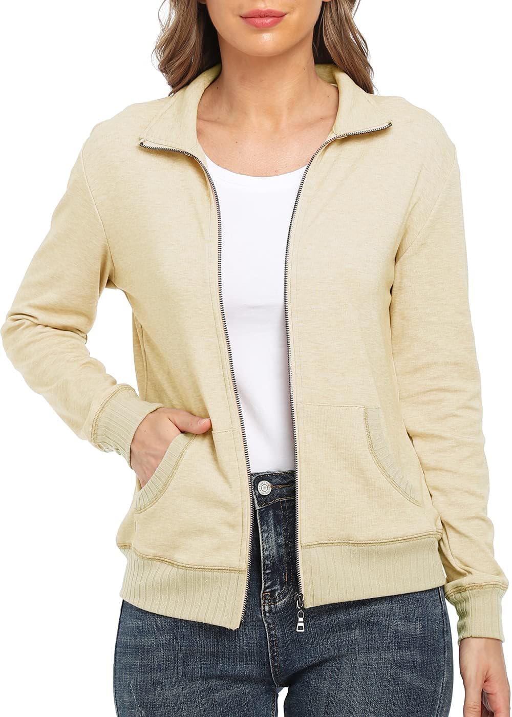 Women's Zip up Sweatshirt Jacket Stand Collar Hoodless Running Sweatshirt with Pockets