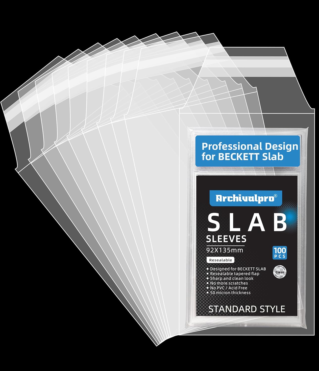 Beckett Standard Graded Card Sleeves (3.62"×5.31") 100 Pack - Crystal Clear Card Protector Bags, Acid-Free Free Resealable Slab Covers