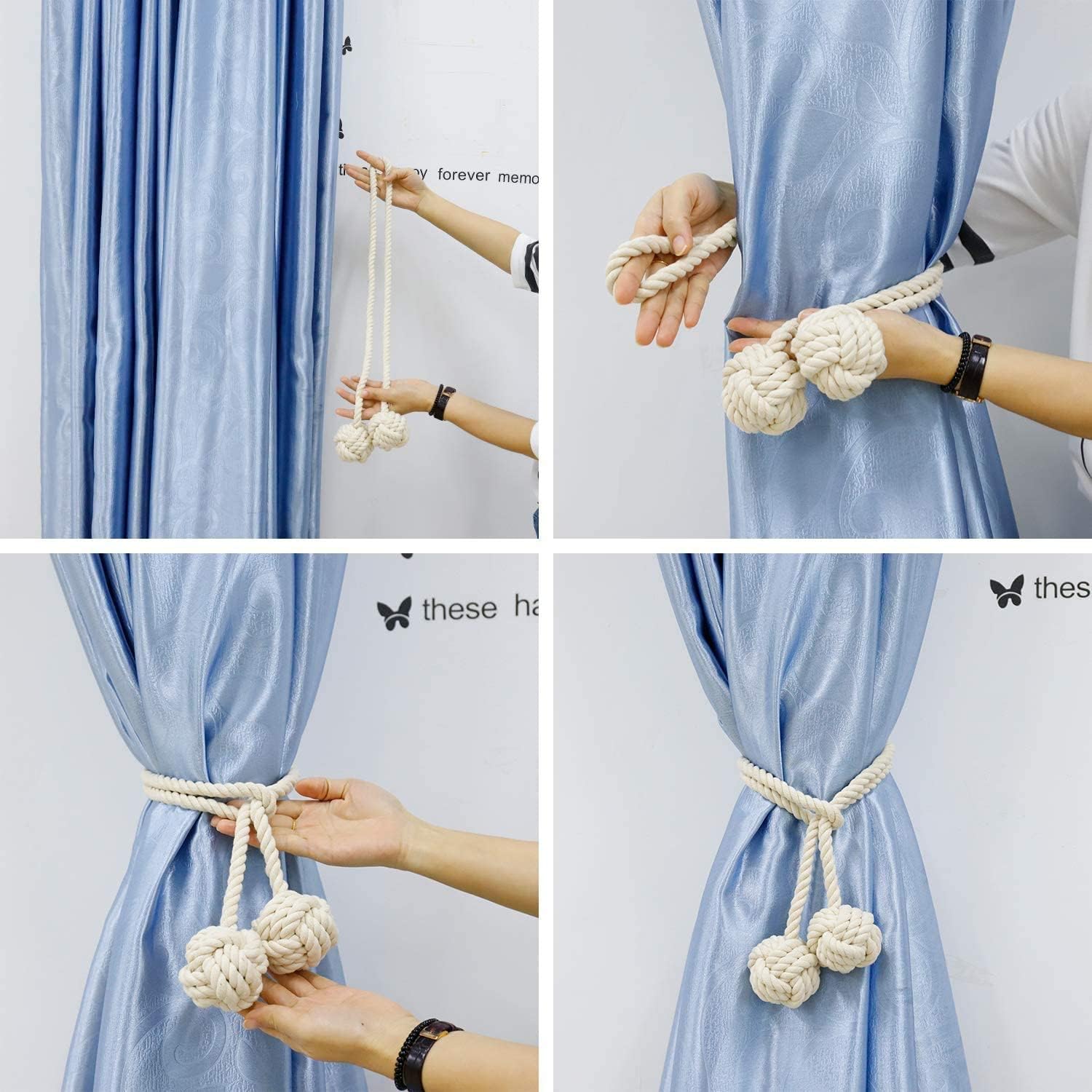 MAKNGRID Durable for Ball Natural Holdbacks Holdbacks & Drapery Decorative Tiebacks Knot 2 β Rope Boho Pcs (No-Drill, Farmhouse, Rustic Curtain Cotton Handmade Rural 2