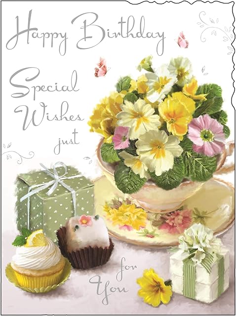 Greeting Card (JJ4429) Female Birthday - Primroses - Foil and Flittered Finish