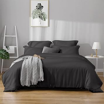 Precious Star Linen Dark Grey Solid | Super King 120x98 | 3 Pieces Duvet Cover Set Soft & Cozy Egyptian Cotton | Zipper Closure & Corner Ties | 1 Duvet Cover with 2 Pillow Sham