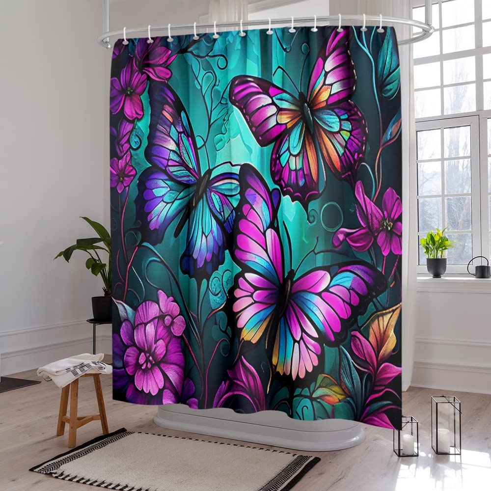 Purple Butterfly Shower Curtain - Waterproof Polyester, 72x72 Inch With 12 Hooks, Floral Bathroom Decor