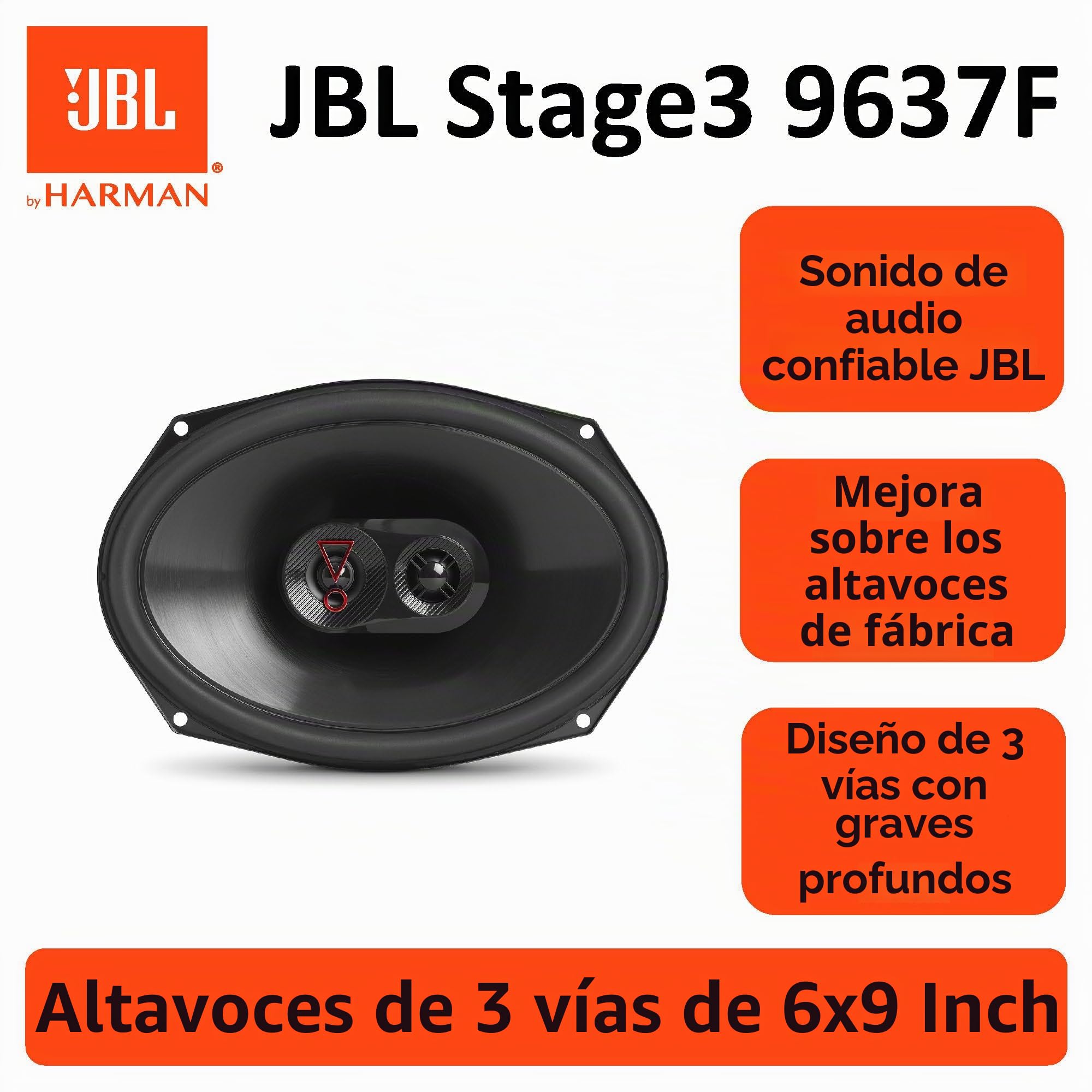 JBL Stage3 9637 Juego de altavoces para coche de 3 vías de Harman Kardon - Altavoces para coche de 375 vatios - Caja ovalada JBL grande 152 mm x 230 mm (6" x 9"), negro