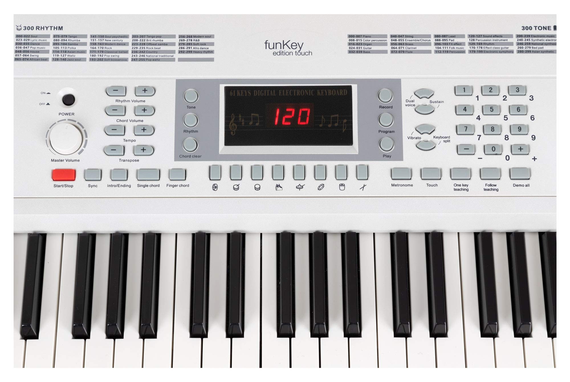 FunKey 61 Edition Touch weiß Set inkl. Keyboardständer + Bank, LC-Display | 61 anschlagsdynamische Standard-Keyboardtasten, 300 Sounds, 300 Rhythmen, 40 Demosongs, 8 Percussion-Pads, Effekte: Sustain