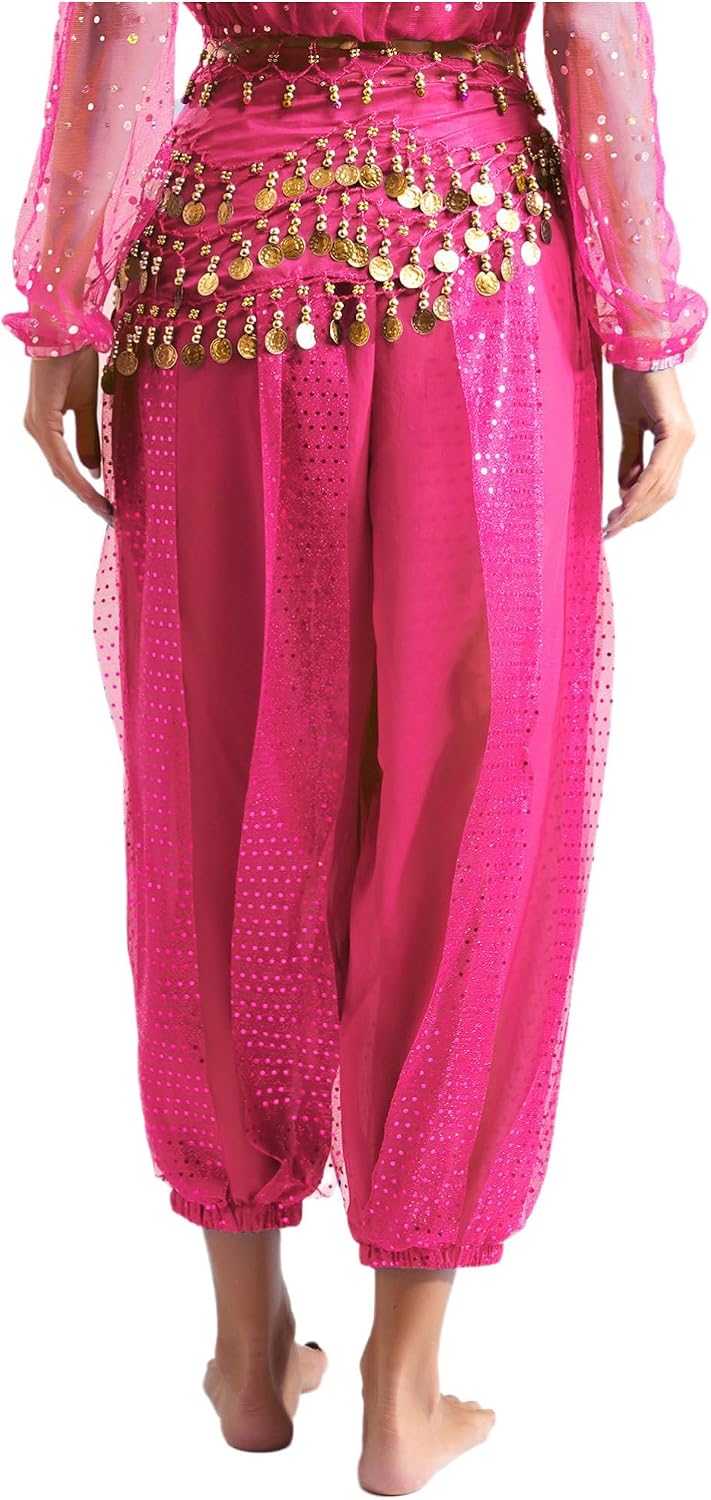 CHICTRY Womens Belly Dance Costume Sequined Layer Bloomers Harem Pants and Hip Scarf for Halloween