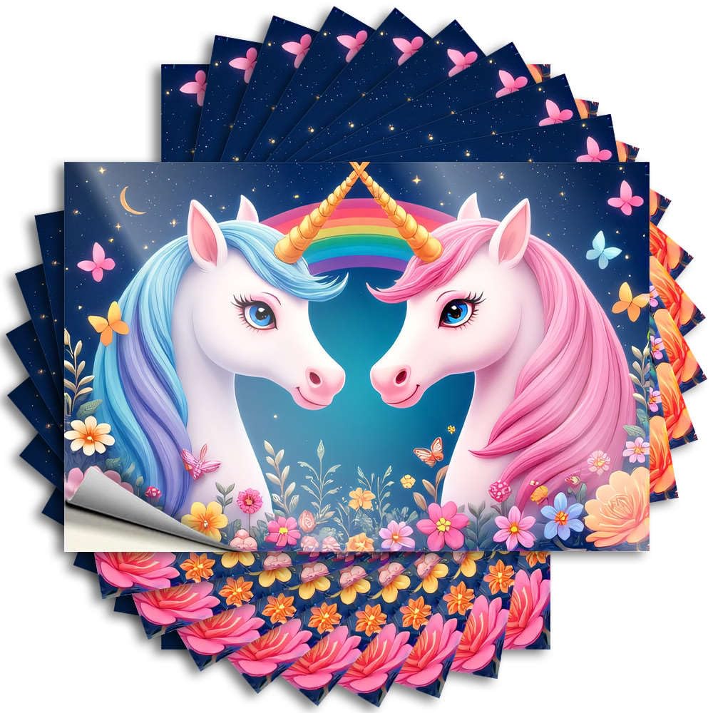 Balcony Decor Tattoo Window | Two Unicorns with Rainbow Manes in A Floral Garden Fall Stone Sticker Pack(8X12CM)