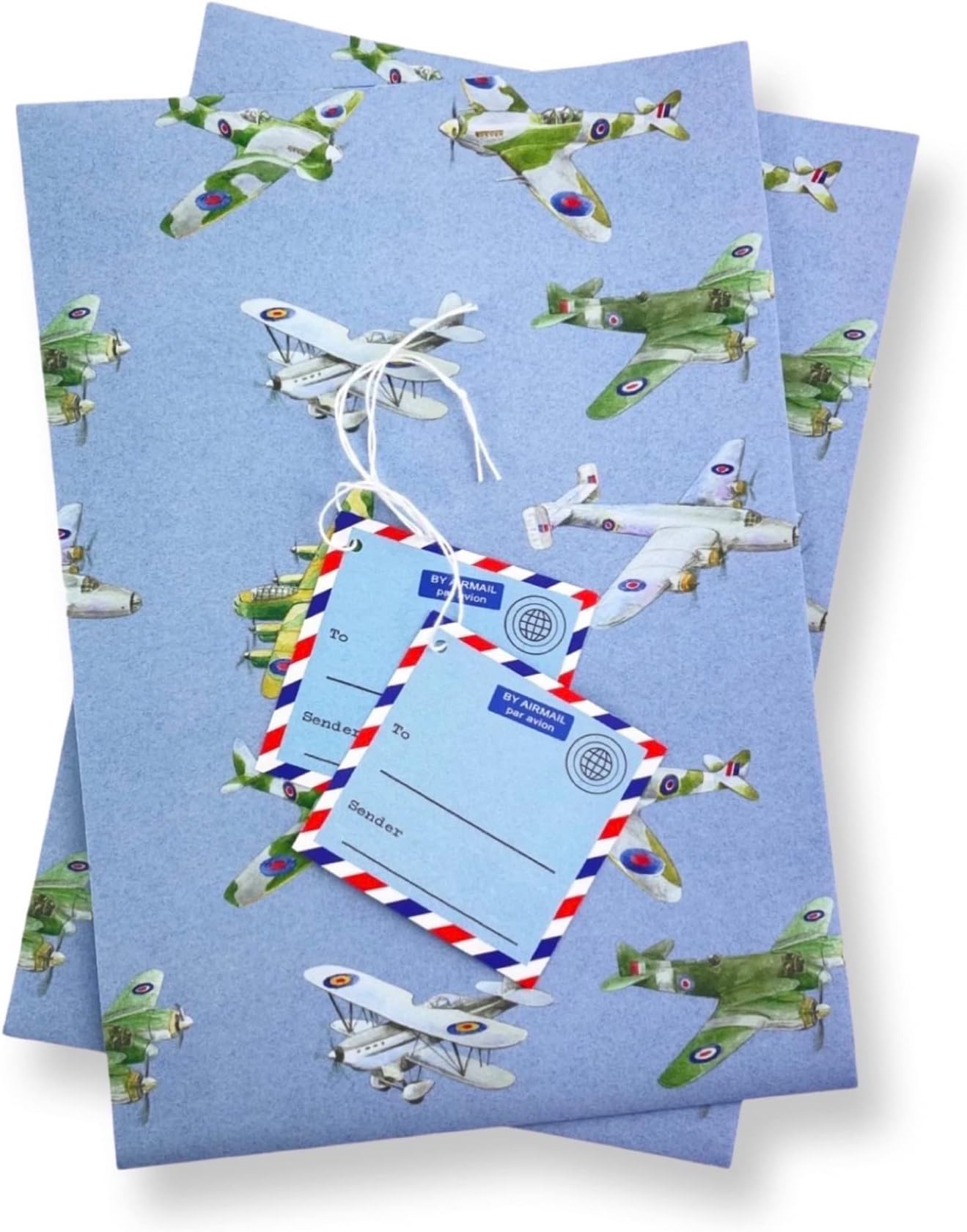 Plane Airplane Aeroplane recycled and recyclable eco printed gift wrap; 2 Sheets Plus Two 'Airmail' Gift Tags - Birthdays, Father's Day, Christmas, Arts and Crafts Projects
