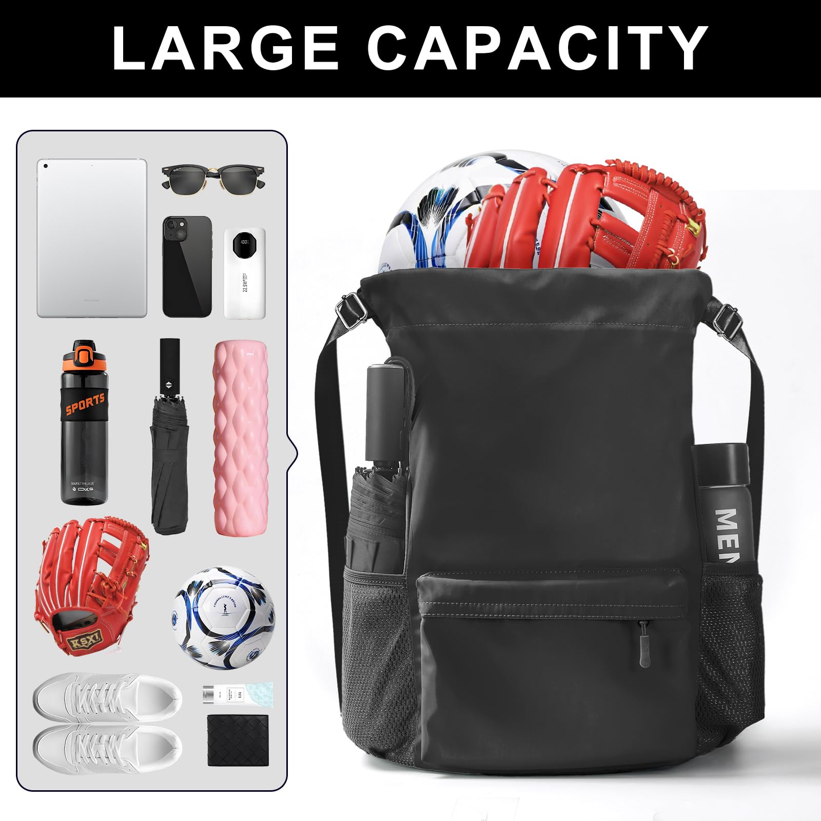 Mochila deportiva con cordón para gimnasio con cuerda grande resistente al agua, bolsillo lateral de malla para hombres y mujeres