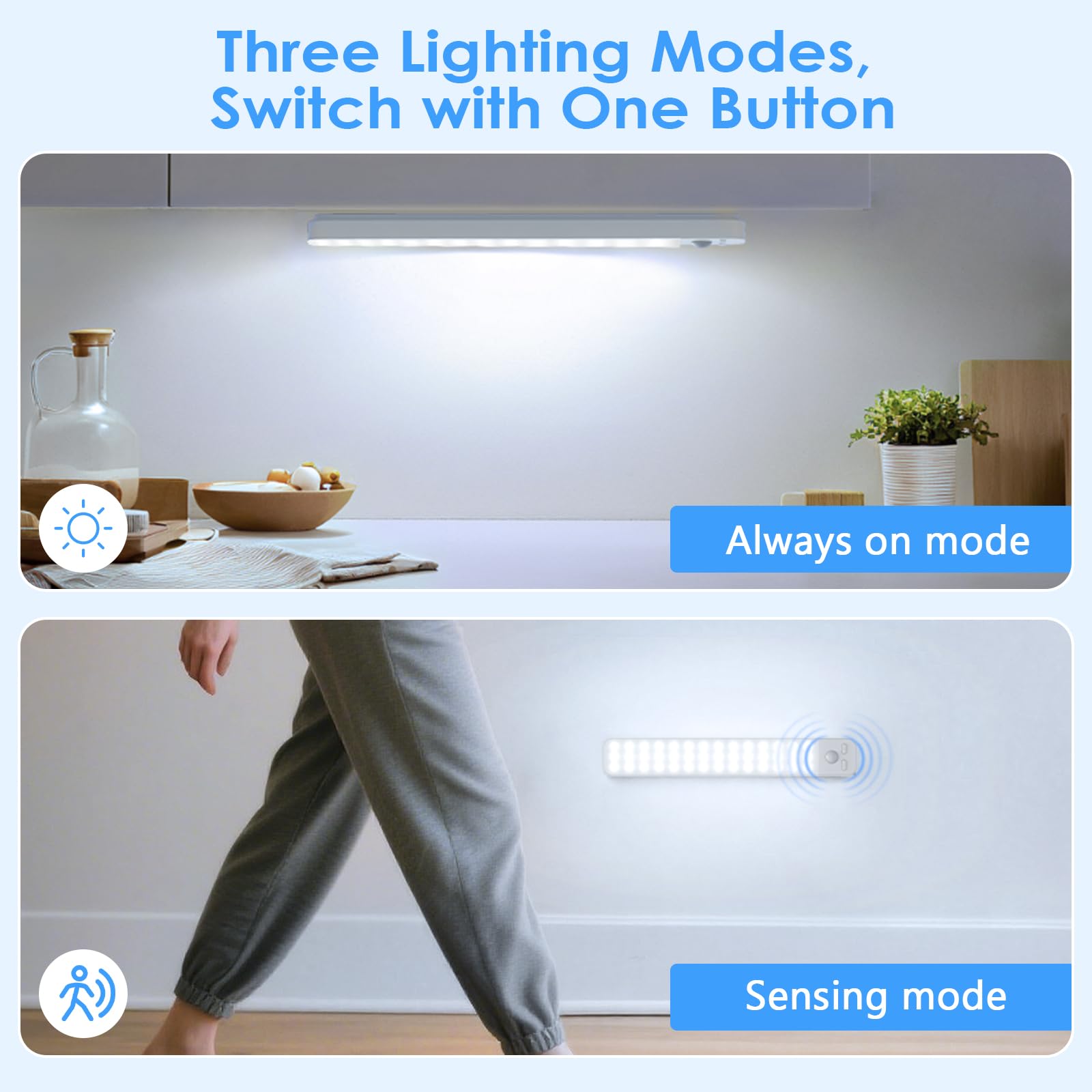 Luce Armadio LED con Sensore Movimento, 3 Modalità Dimmerabile Luci Armadio, 2000 mAh Luce LED Ricaricabile Senza Fili, Magnetica Sottopensile Cucina Led Lampada per Armadio Scale Camera Corridoio
