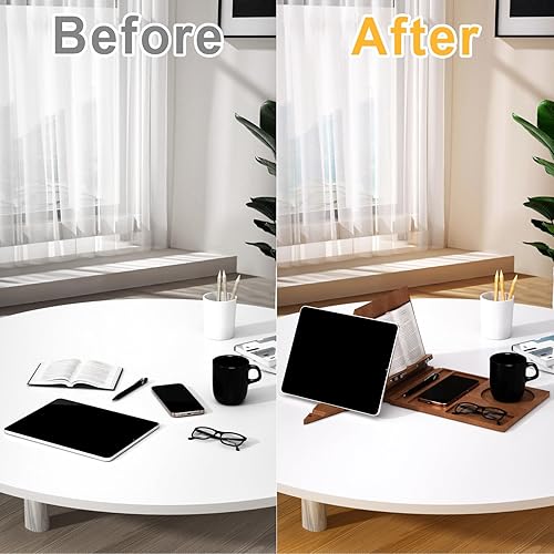 Miniatura 3 de Soporte triangular de bambú para libros, soporte para libros, soporte plegable para libros con taza, gafas, soporte para teléfono y clips de página