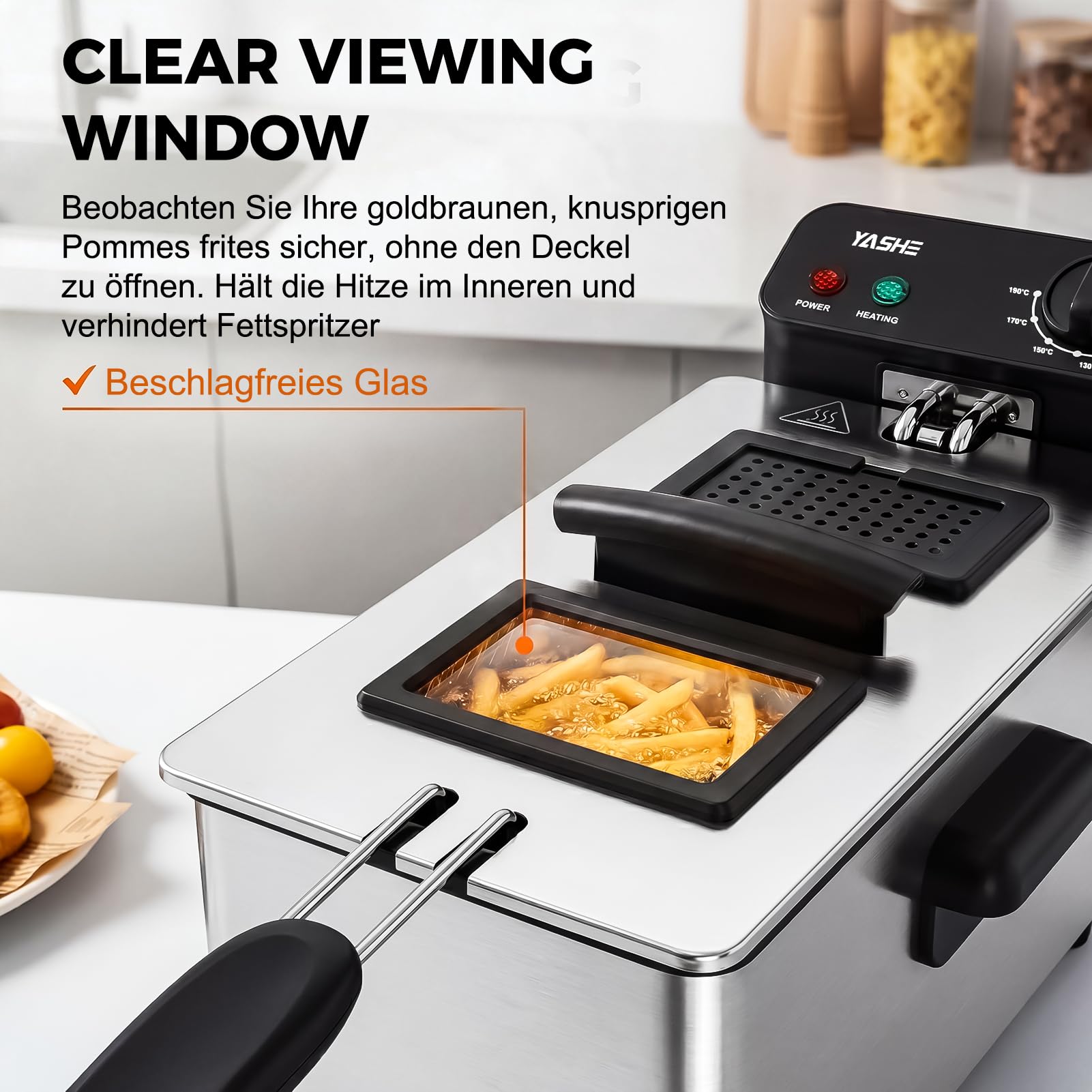 YASHE Friteuse mit Fett 3L, 2000 W mit Sichtfenster | Mit Temperaturregelung, Herausnehmbarem Korb & Ölbehälter, Edelstahl, Leicht zu Reinigen