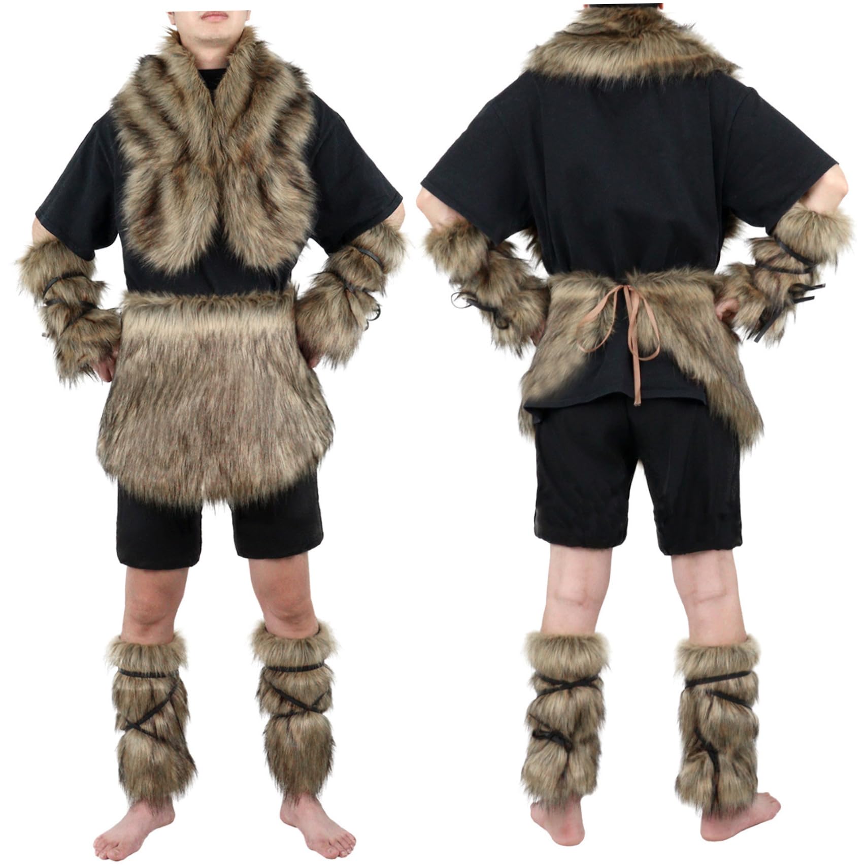 4 pièces/Ensemble Costume Viking pour Hommes, Costume de Barbare Chaud en Fausse Fourrure Comprenant Une Jupe à la Taille, Un Brassard, Une Cape châle, des Couvre-Bottes pour fête Cosplay