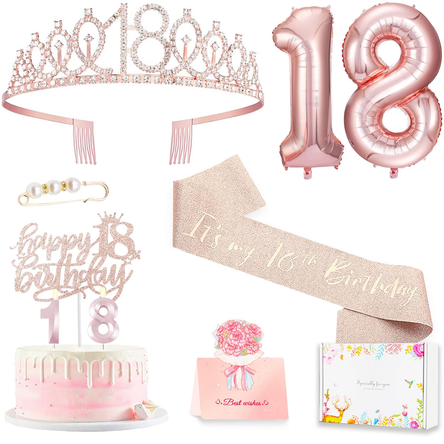 18th birthday decorations for girls, Including 18th Happy Birthday Gifts Queen Sash with Pearl Pin, Sweet Rhinestone Tiara Crown, Cake Toppers, Number Candles and Balloons Set, Rose Gold