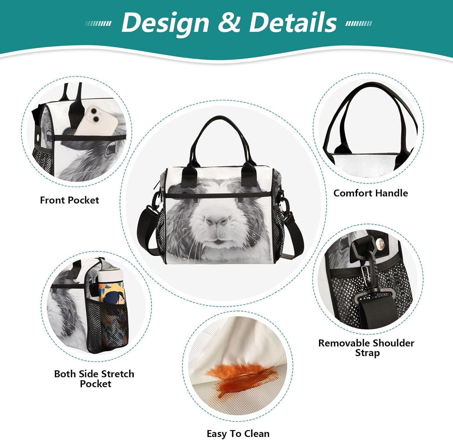Guinea Pig Lunch Bag Insulated Reusable Leak-proof Lunch Box Cooler Bag with Thermal Aluminum Lining Detachable Shoulder Strap Small
