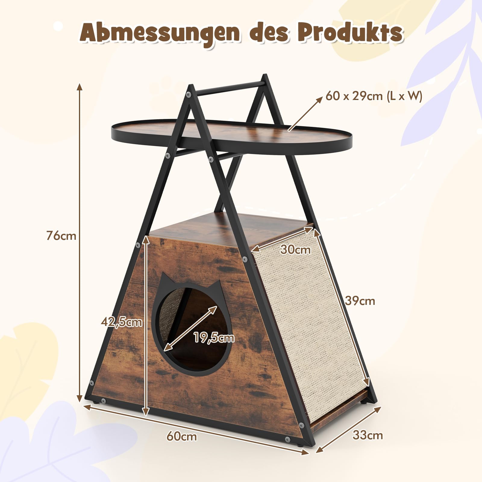 GYMAX Mesa Lateral para Gatos, Casa Oculta para Gatos 2 en 1 con Mesa de Noche, Cueva de Gato Triangular con Estante Abierto, Alfombrillas de Rascar de Sisal, Mueble para Gatos para Dormitorio y Salón