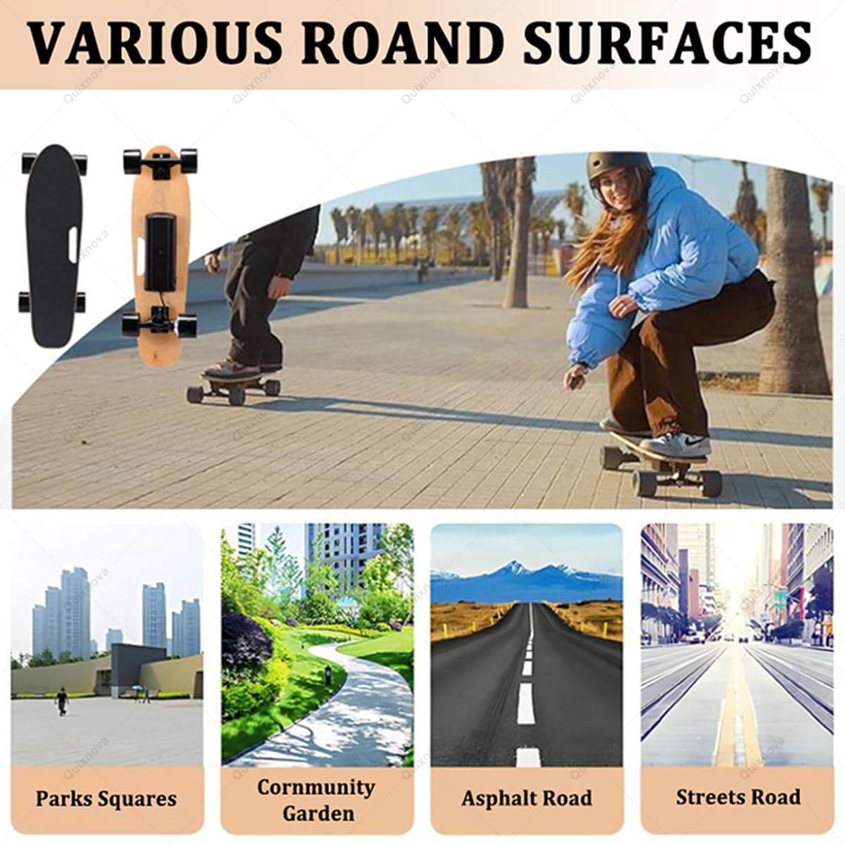 Skateboard électrique avec télécommande, 4 Vitesses réglables, poignée de Transport Ergonomique pour Adultes et débutants, Vitesse maximale de 22 km/h, autonomie de 8 km