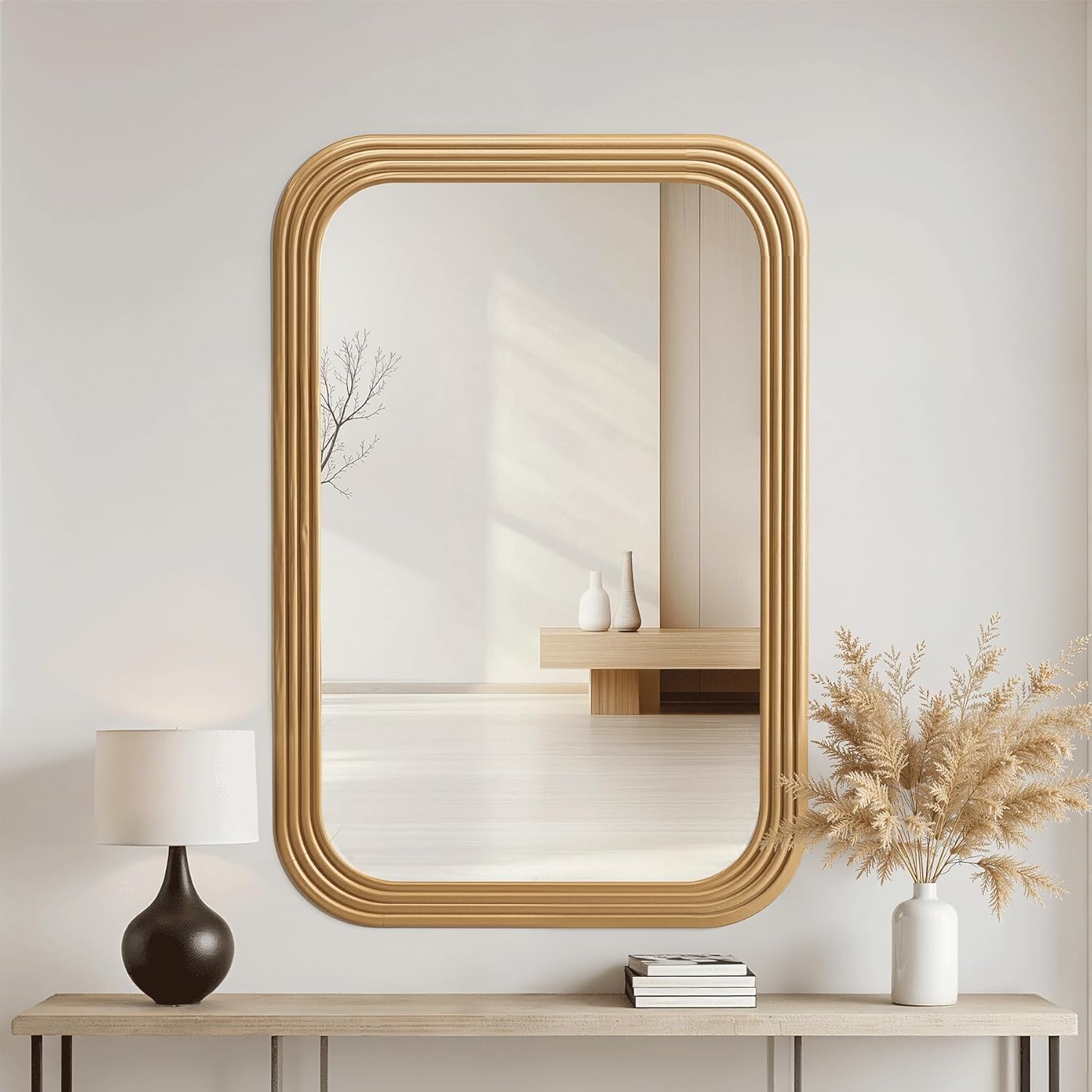 Bathroom Mirror for Wall, 36"x24" Farmhouse Wall Mounted Full Length Decorative Mirror with Tempered Glass, Natural Wooden Frame Vanity Mirror for Bedroom, Living Room, Entryway,Glod Rounded Gold 36"L x 24"W