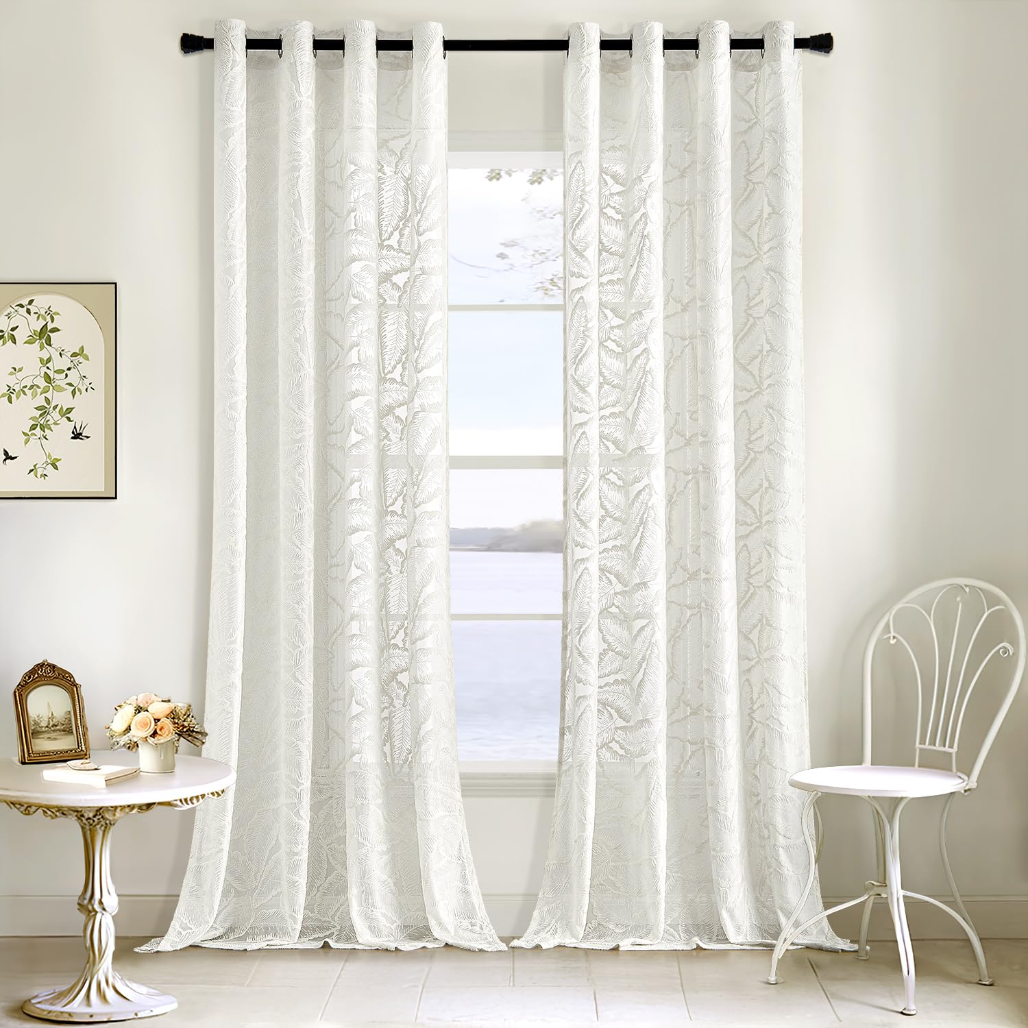 MIULEE Lot de 2 Voile Fenêtre Feuille Trans Oeillets 140x260cm Blanc | Voile fenêtre décoratif semi-transparent à oeillets adapté pour salon et chambre