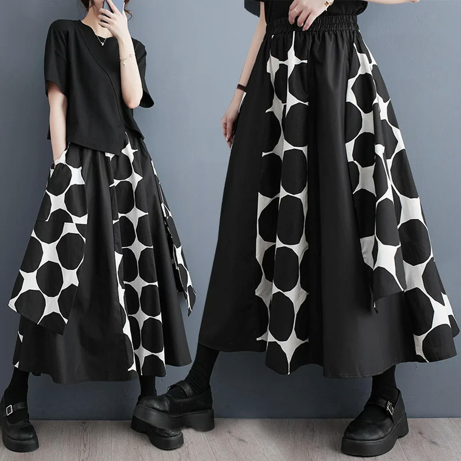 Gonna Lunga Donna Gonne A Pois Nera Stampa A-Line da Donna Asimmetriche Gonne A Vita Alta Vintage Femminile-Nero-One Size (50-90 kg)