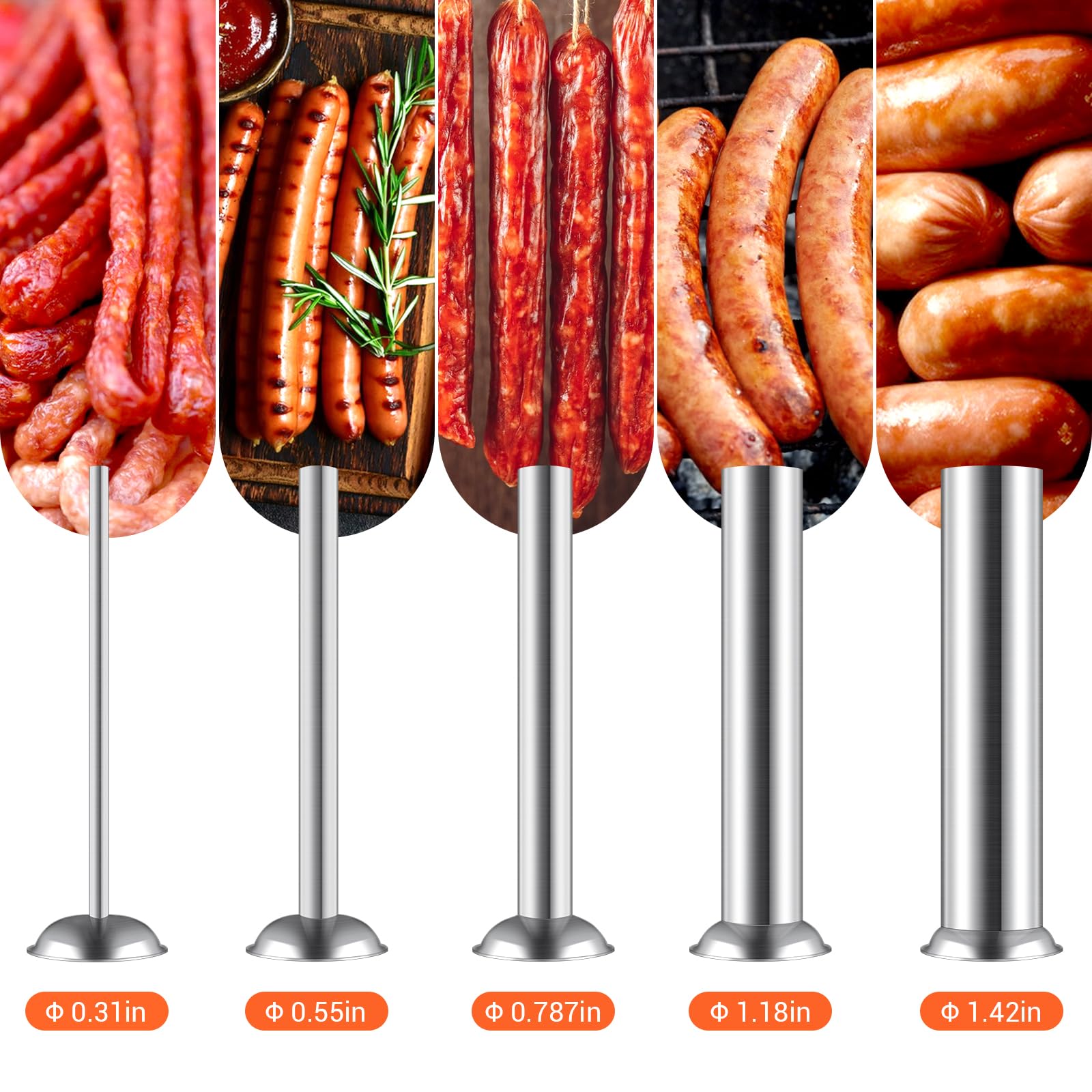 Riempitrici per salsicce, macchine per salsicce in acciaio inossidabile W/2 velocità, riempitrice verticale per salsicce con imbuti di 4 dimensioni e accessori per churros spagnoli in 4 diverse forme
