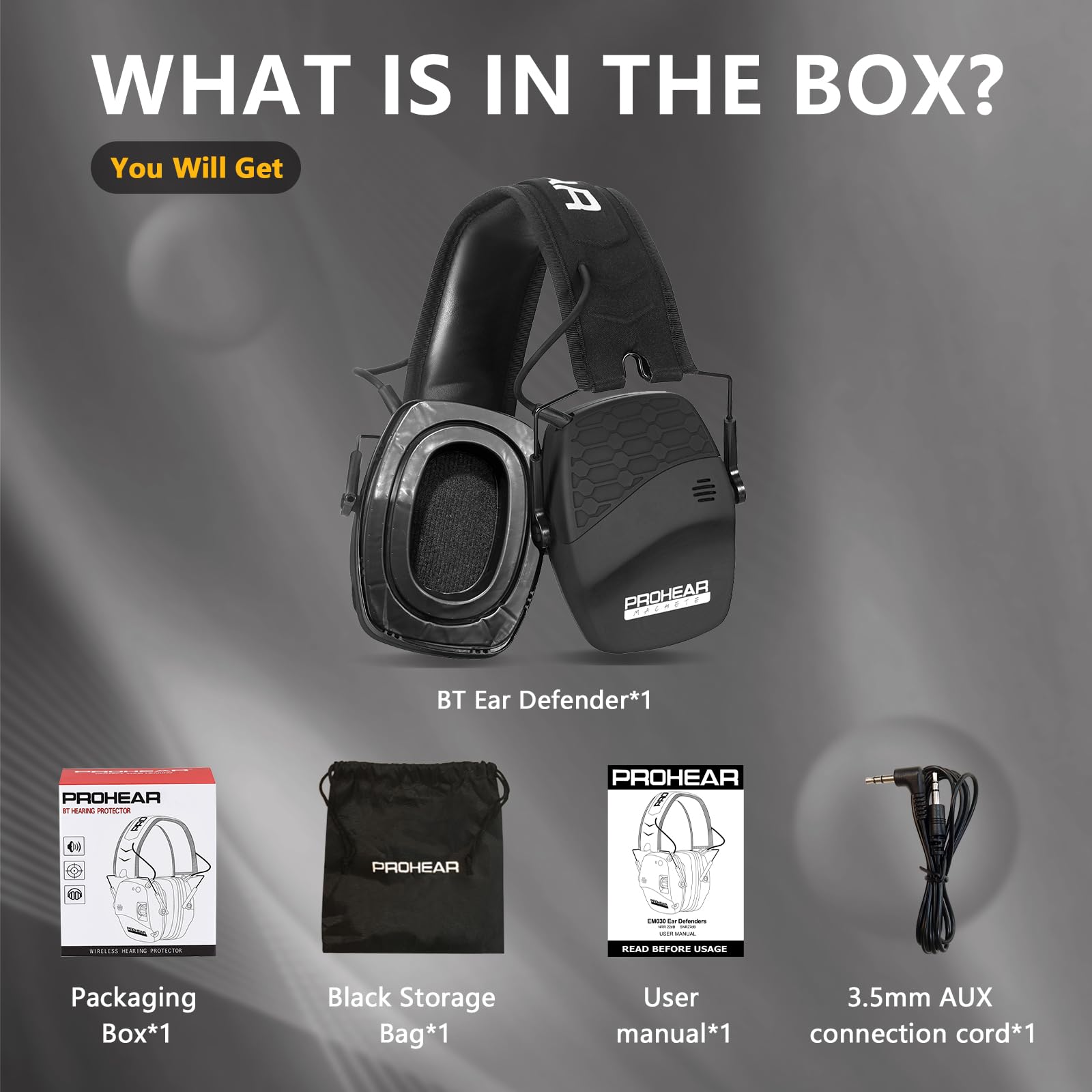 PROHEAR 030 Bluetooth 5.4 Elektroniczna ochrona słuchu Aktywne nauszniki Polowanie Redukcja Szumów NRR22dB SNR 27dB Czarny Żel