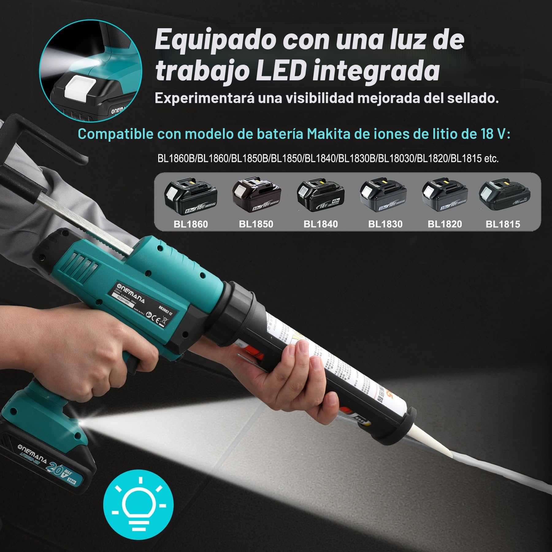 Pistola de Cartuchos con Batería, ONEMANA Pistola de Silicona de 6 Velocidades 6500N 300ml/10Oz, Herramienta de Calafateo con Batería de 2.0Ah y Cargador, Compatible con Batería Makita