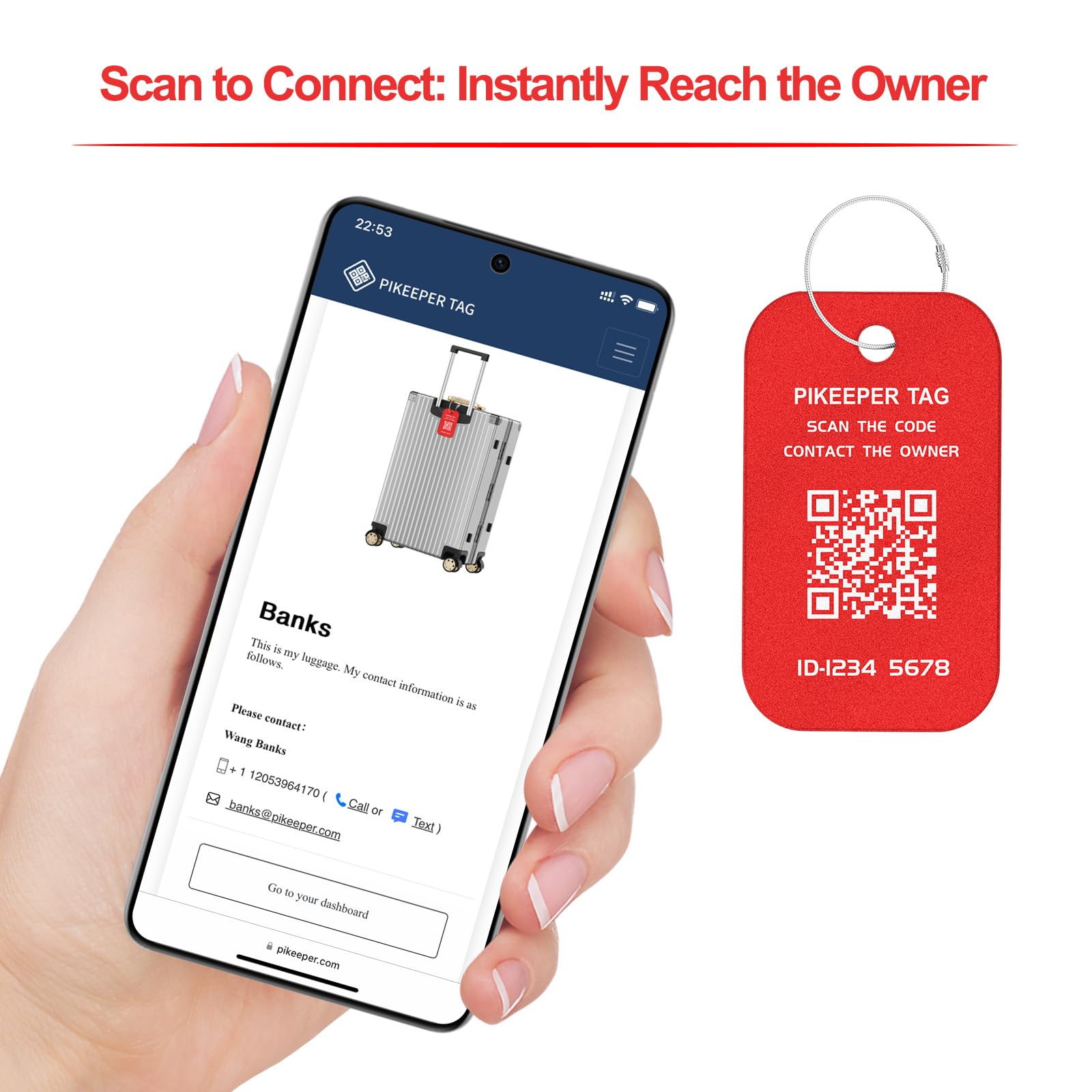 Etichette intelligenti per bagagli (confezione da 4) – Codice QR che mostra la posizione dello scanner durante la scansione, informazioni di contatto controllate dalla privacy, avvisi di