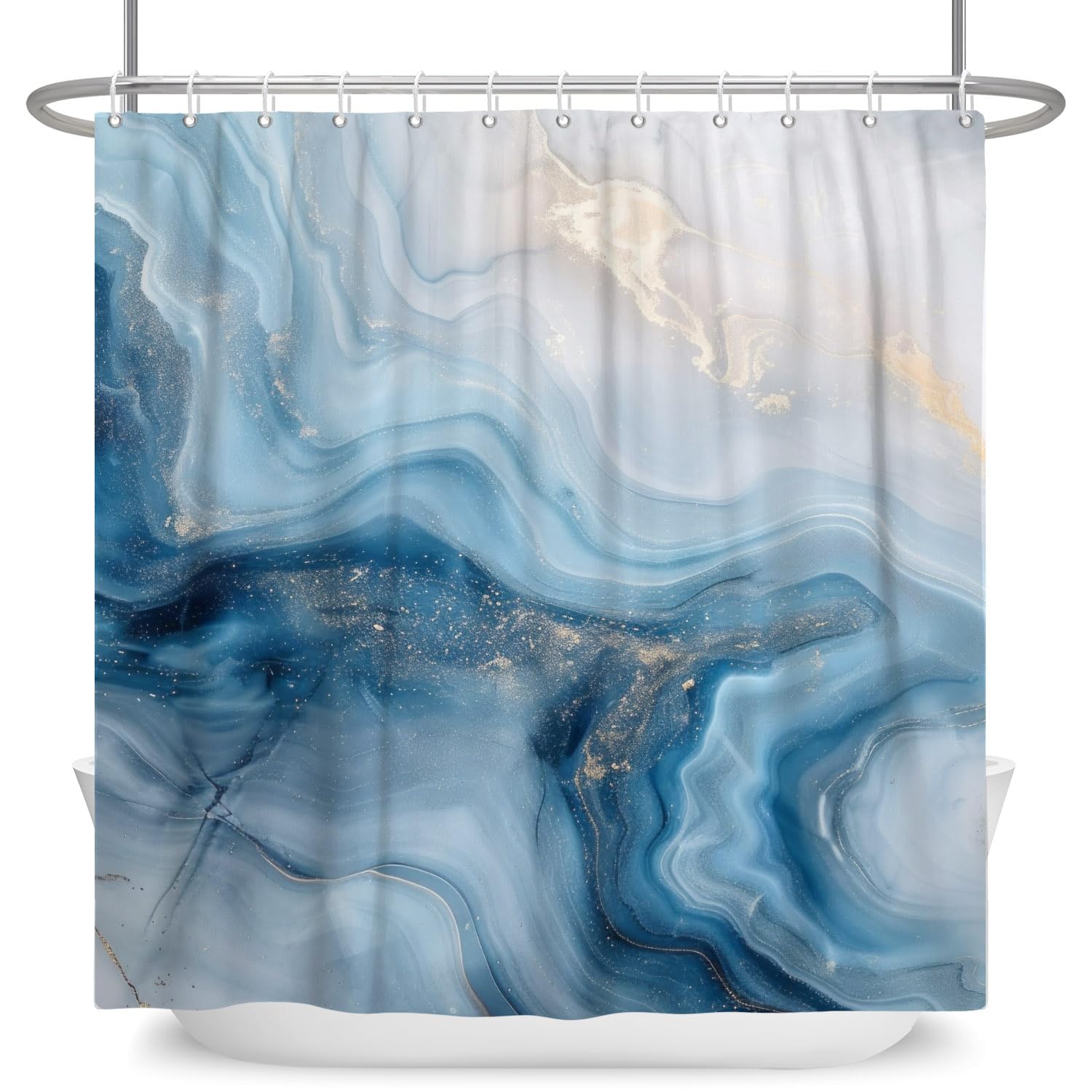 ASDCXZ Marble Shower Curtain, Blue, 180 x 180 cm, Modern Abstract Blue, White, Gold Gradient, Marble Look, Texture, Washable Bathroom Shower Curtains, Polyester Textile, Waterproof Shower Curtain for