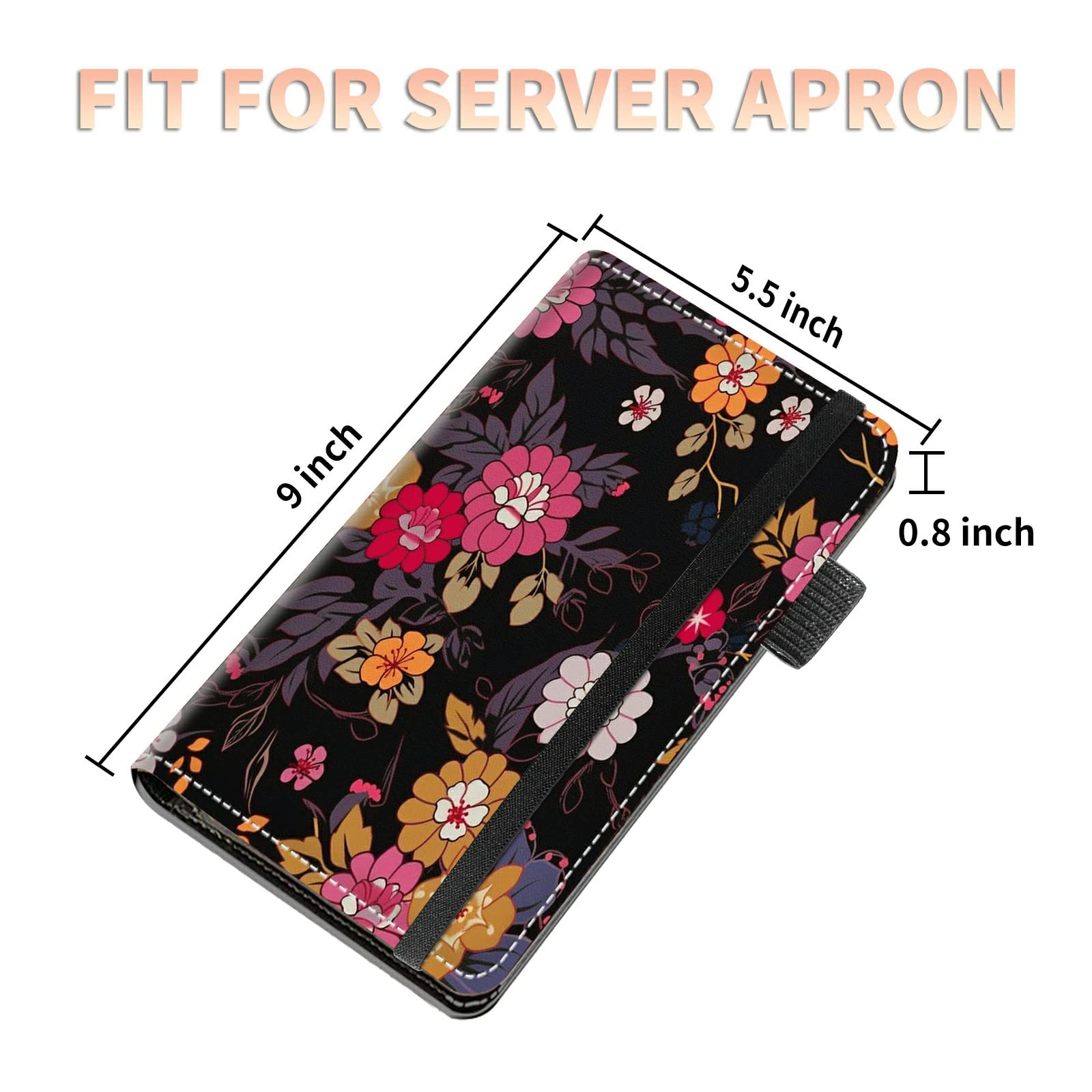 High Volume Server Books, Beautiful Flower Server Book w/ 2 Expandable Pockets 9 x 5 Cute Waitress Book Zipper Pocket & Strap Closure Waitstaff Organizer Server Booklet Waiter Money Wallet