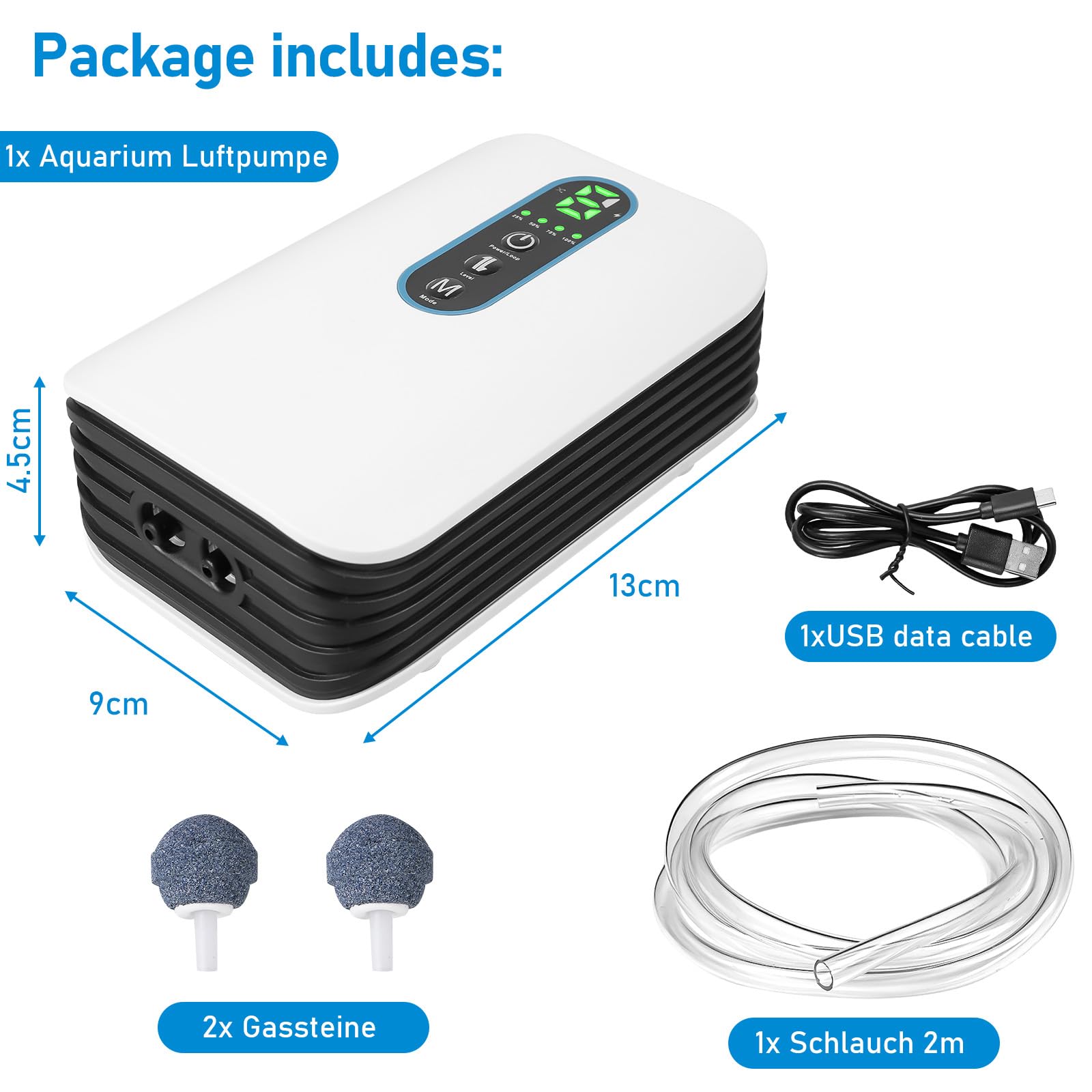 Pompe à air d'aquarium rechargeable 2600 mAh avec double sortie, 2 modes et débit 3 l/min, ultra silencieuse, pour la pêche, les pannes de courant, fonctionnement USB et batterie