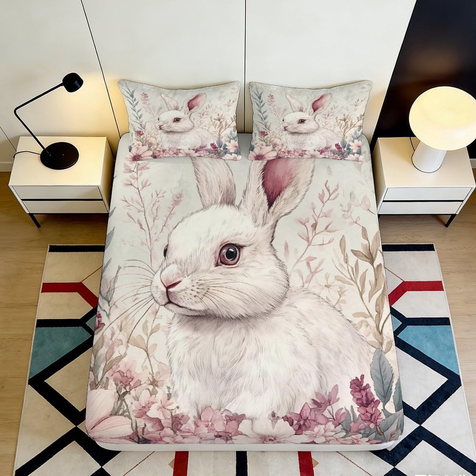 Jqzkxnhpbr Style-3 3D Printed White Bunny Fitted Sheet Microfiber Soft Breathable Floral Rabbit Mattress Cover For Bedroom Decor 90X200x25cm