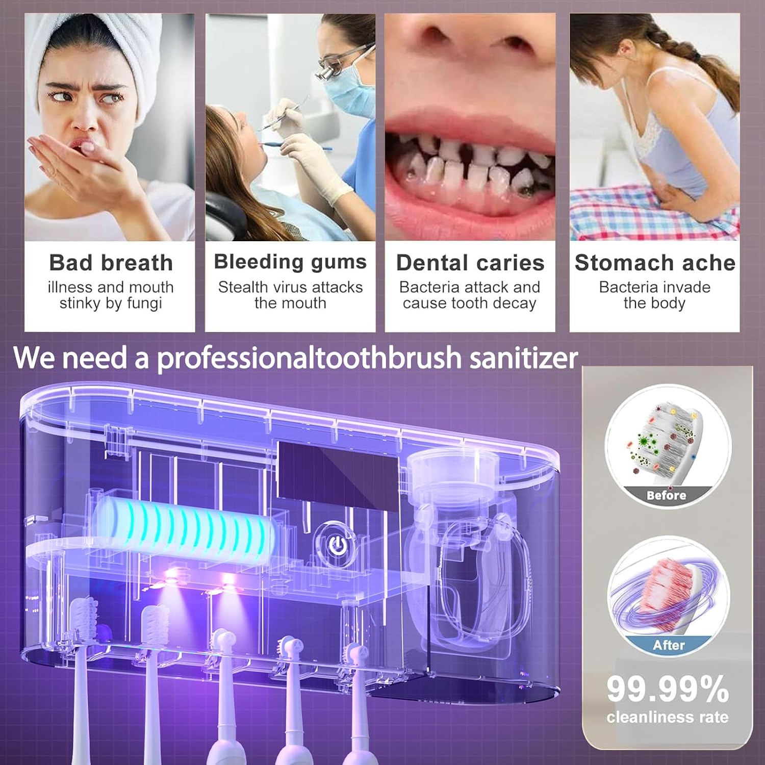 Toothbrush Holders for Bathrooms,Toothpaste Dispenser Wall Mounted,Electric Toothbrush Holders with Solar Charging, Smart Drying Toothbrush Cleaner,Toothbrush Organizer with 5 Brush Slots image 2