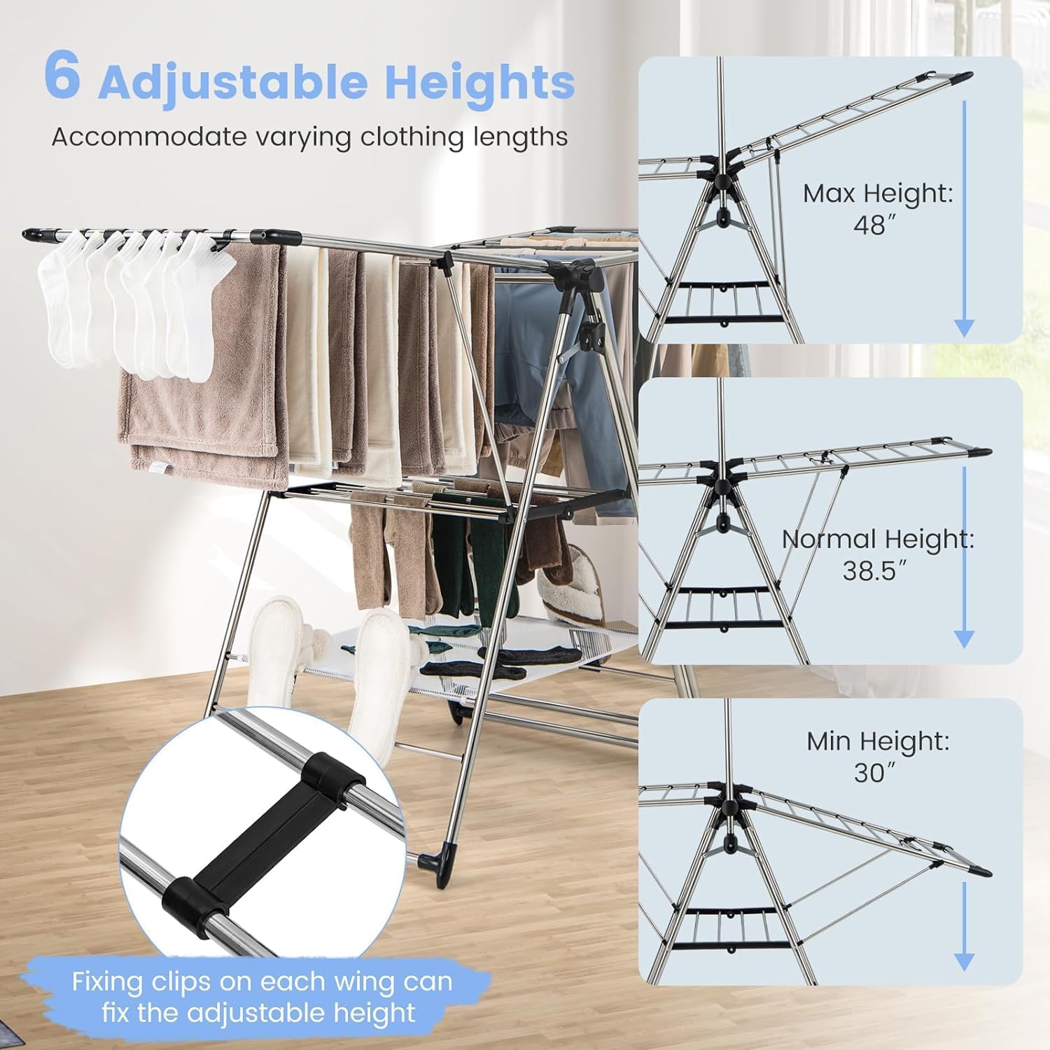 Nightcore Clothes Drying Rack, Foldable 2-Layer Aluminum Drying Rack, Free Standing with Hanging Bar & Height Adjustable Wings, Drying Rack Clothing for Indoor Outdoor