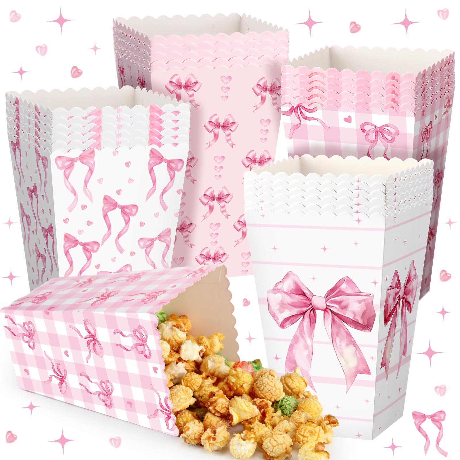Honeydak 24 Pcs Pink Bow Popcorn Boxes Paper Kraft Popcorn Buckets Pink Container Goodies Candy Boxes for Girls Birthday Galentine Valentine's Day