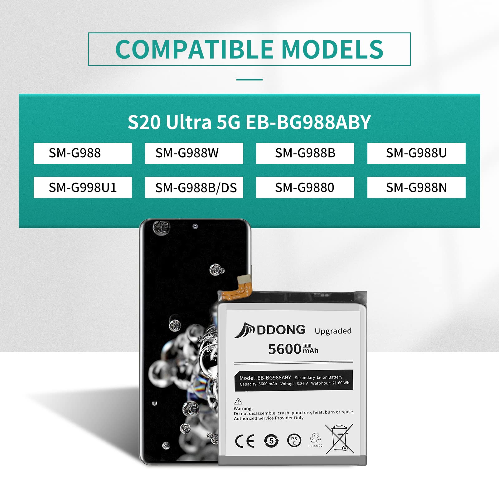 DDONG for Samsung Galaxy S20 Ultra Battery Replacement, Upgraded 5600mAh High Capacity Battery EB-BG988ABY for Galaxy S20 Ultra 5G SM-G988 G988B Replacement with Repair Tool Kits