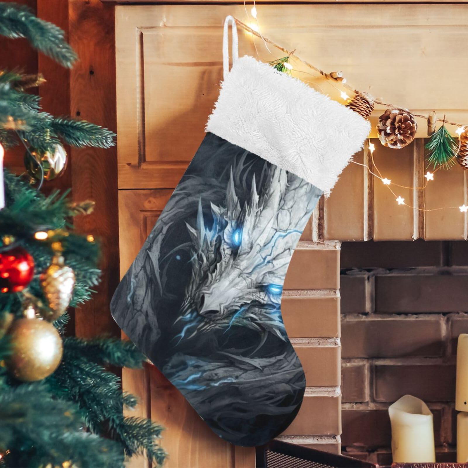 Blaue Augen Drache Weihnachtsstrümpfe, 45 cm großer Weihnachtsstrumpf Kamin hängende Strümpfe Dekor – 1 Packung