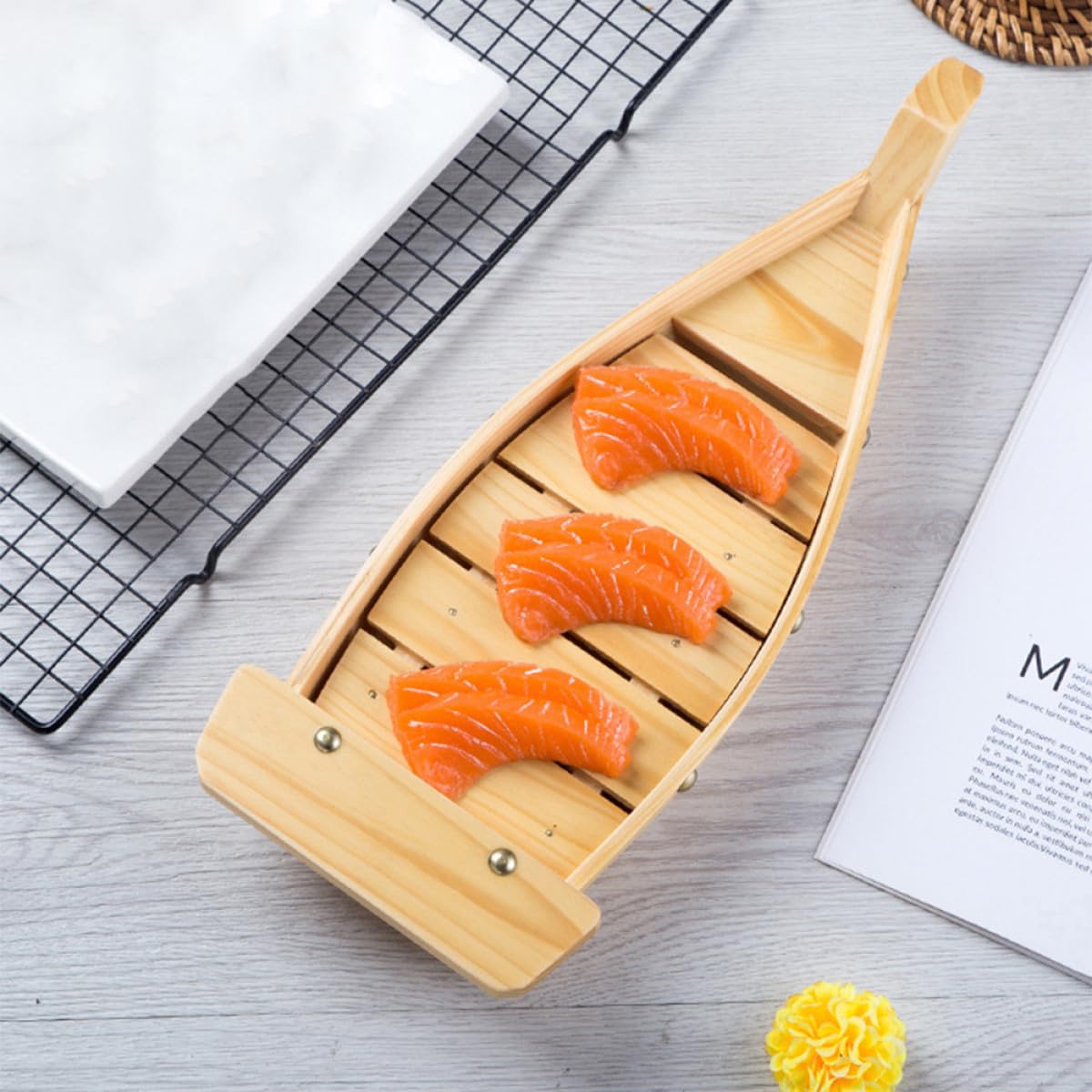 SHINEOFI Bateau à Sushis en Bois Beige pour Service de Sushis et Porte-Sashimi Effet Décoratif, Plateau de Présentation pour Restaurants Japonerie
