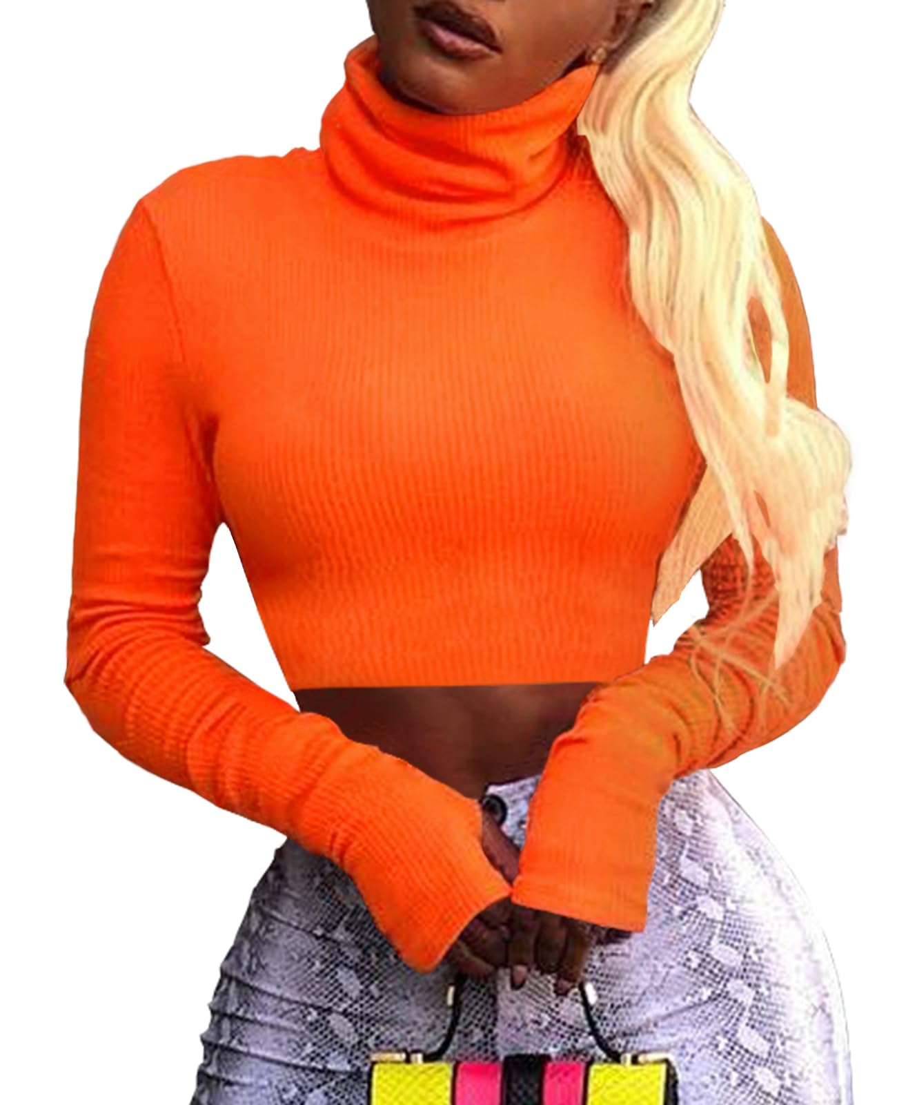 Artfish Women Long Sleeve Turtleneck Crop Tops Neon Ribbed Half Tight Cropped Sweaters Pullovers