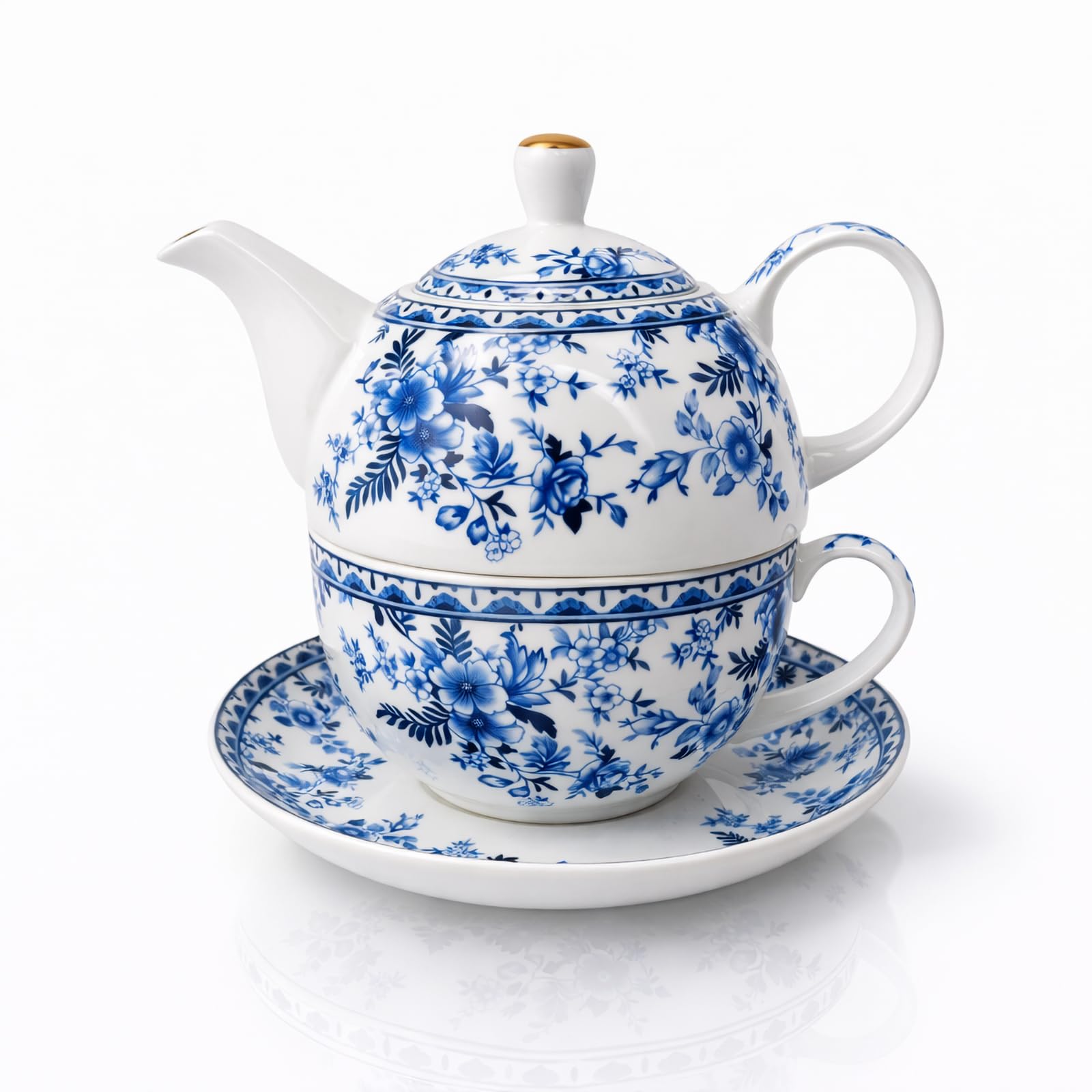 Porcelain Tea for One Set Beautiful Flower Ceramic Teapot with Cup Gifted Box (Blue and White)