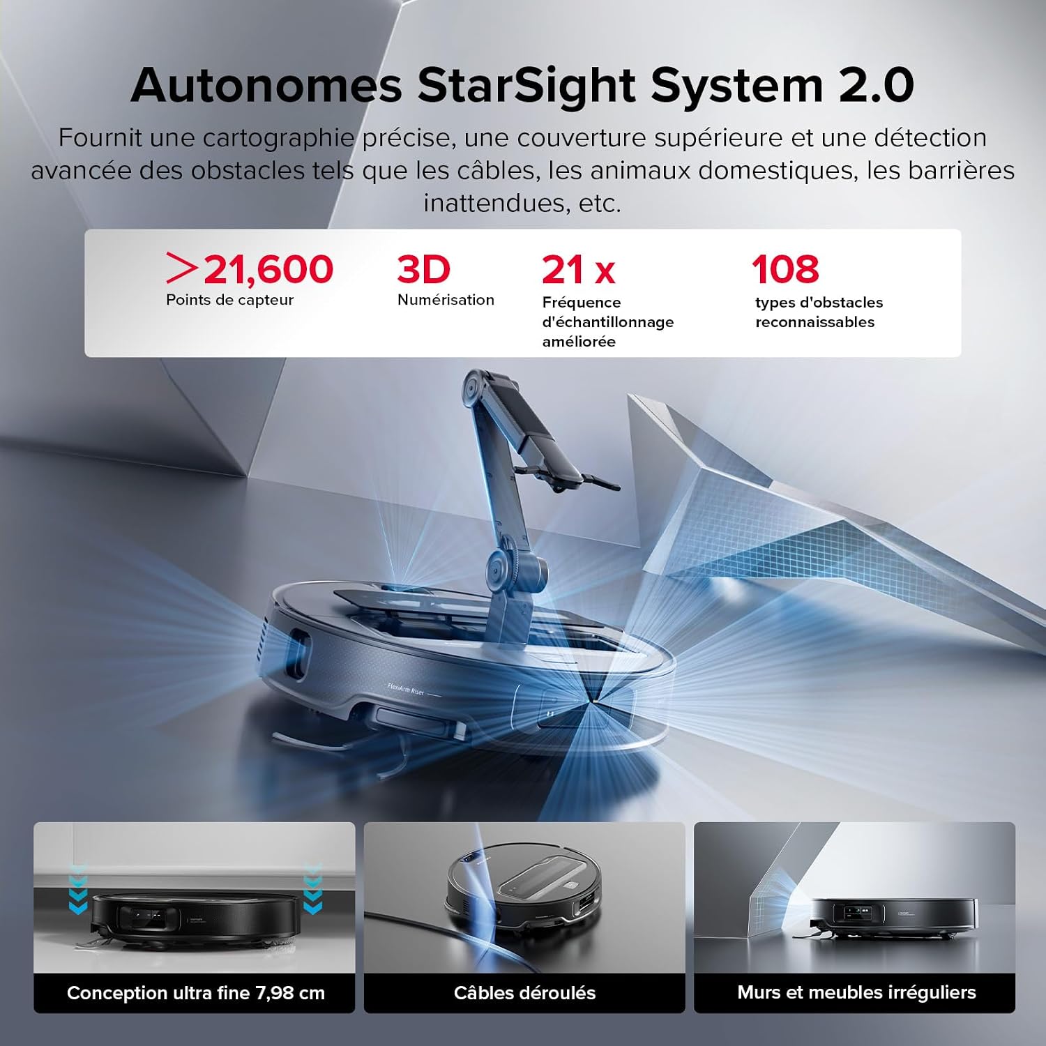 roborock Saros Z70 Robot Aspirateur 22 000Pa, Bras Mécanique OmniGrip, Châssis AdaptiLift, FlexiArm Riser, Système Autonome StarSight 2.0, Station Multifonctionnelle 4.0, 7,98cm Ultra-mince, APP/Vocal — vue 5