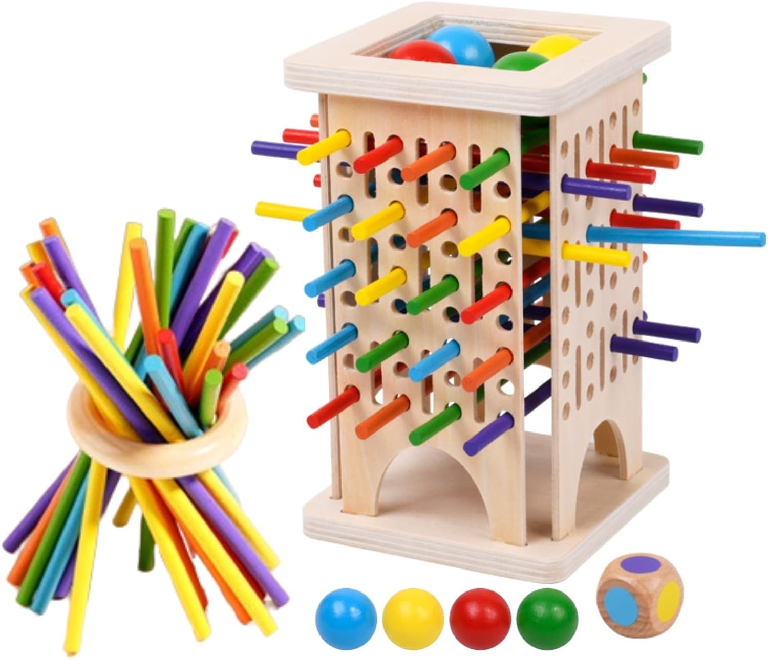 Wooden Colorful Sticks & Ball Drop Games, Montessori Game Wooden Board Games, Colorful Sticks Dice Game Math Learning Toys, Fine Motor Skills Toys & Counting Toy Family Game Travel Toys Gifts
