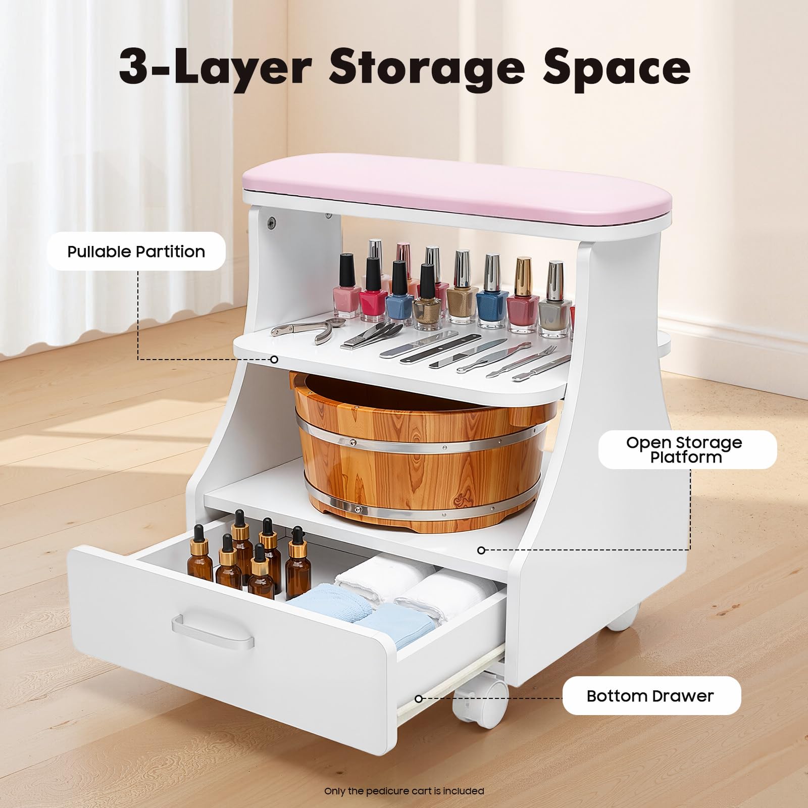 Allargare poggiapiedi | Beauty Salon Rolling Trolley | Pedicure Sgabello | Poggiapiedi manicure tavolo con 4 ruote e 1 cassetto, pediluvio Spa Portable Trolley Cart per pediluvi (rosa)