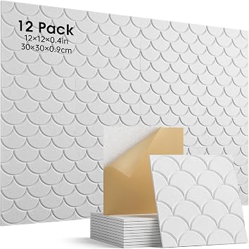 Acoustic Wall Panels, 12 Pack Self-Adhesive Sound Proofing Panels, High Density Sound Dampening Panels For Door Ceiling Recoding Studio Gaming Room 30x30x0.9cm White