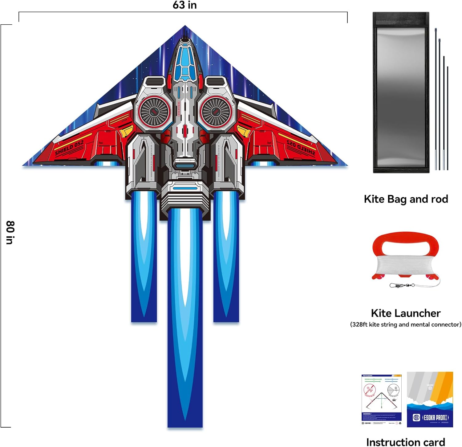 Spaceship Kite Easy to Fly for Kids and Adults with String Reel，Beach Kites for Outdoor Games and Activities (Red Space Ship, 1)